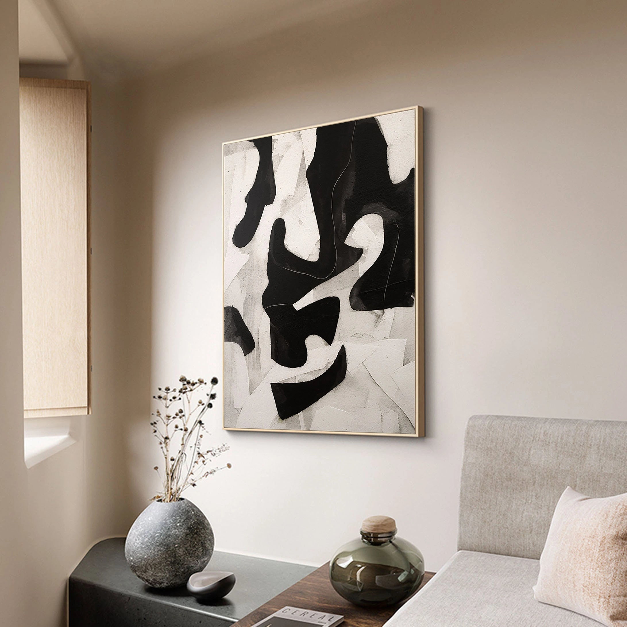 Textured Wabi Sabi Neutral Painting on Canvas Large Wall Artwork Black and Beige