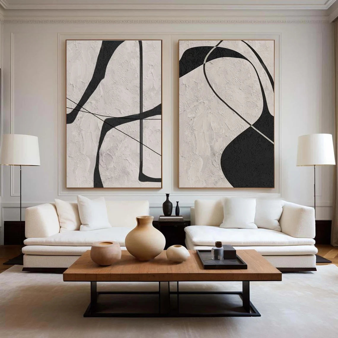 Geometric Wabi Sabi Black Beige Abstract Painting on Canvas Set of