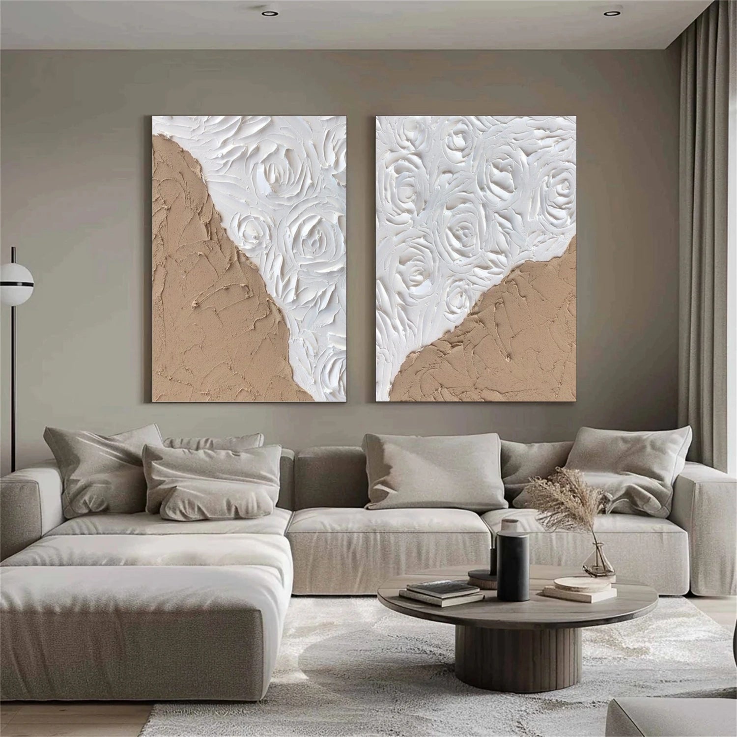 White and Brown Minimalist Textured Art Set of 2 #MM236