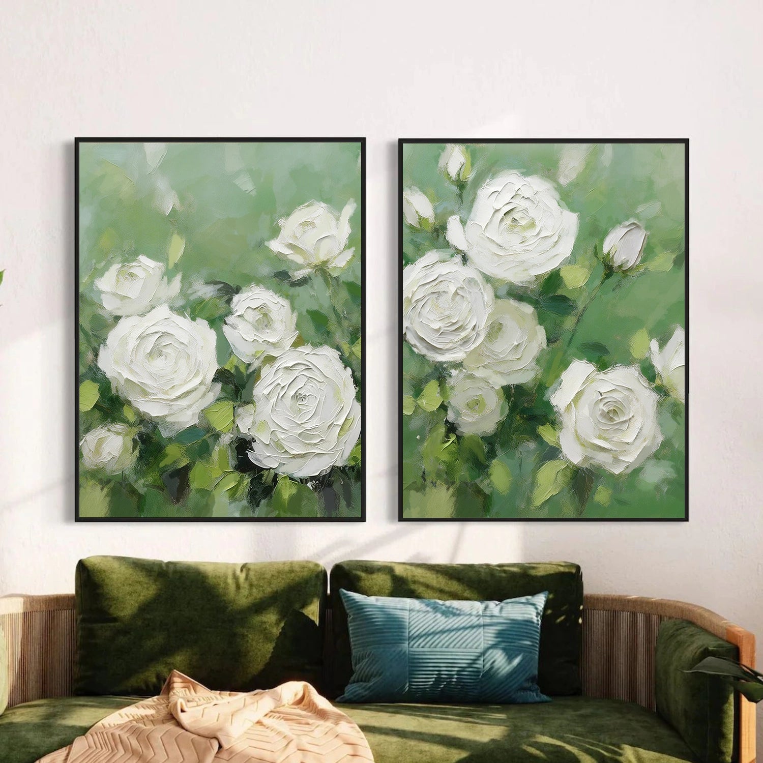 White and Green Flower & Tree Abstract Textured Wall Art Set of 2 #ML216