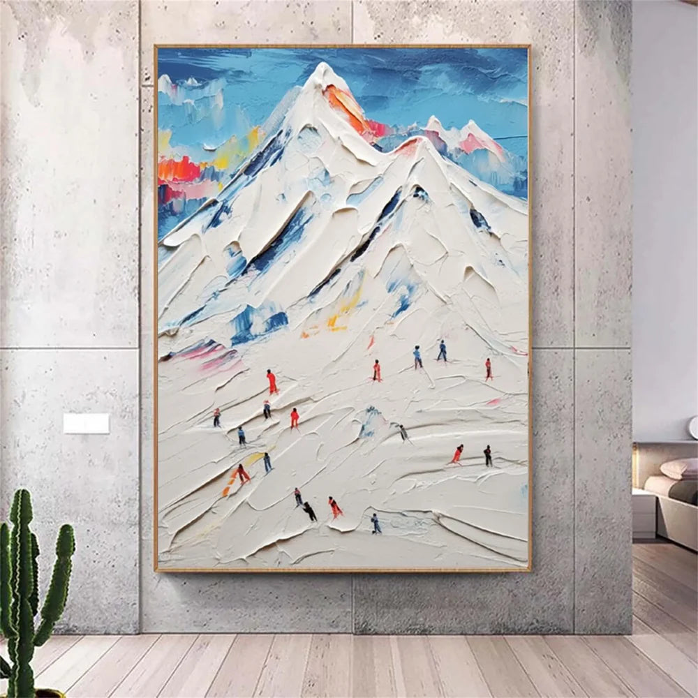 Original White Minimalist Art Skiing Sport Art Oil Painting Large Wall  Sport Painting #SA008, image size:1000x1000