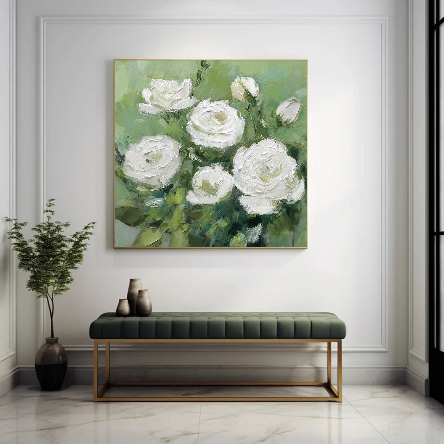 White and Green Flower & Tree Abstract Textured Wall Art #ML215