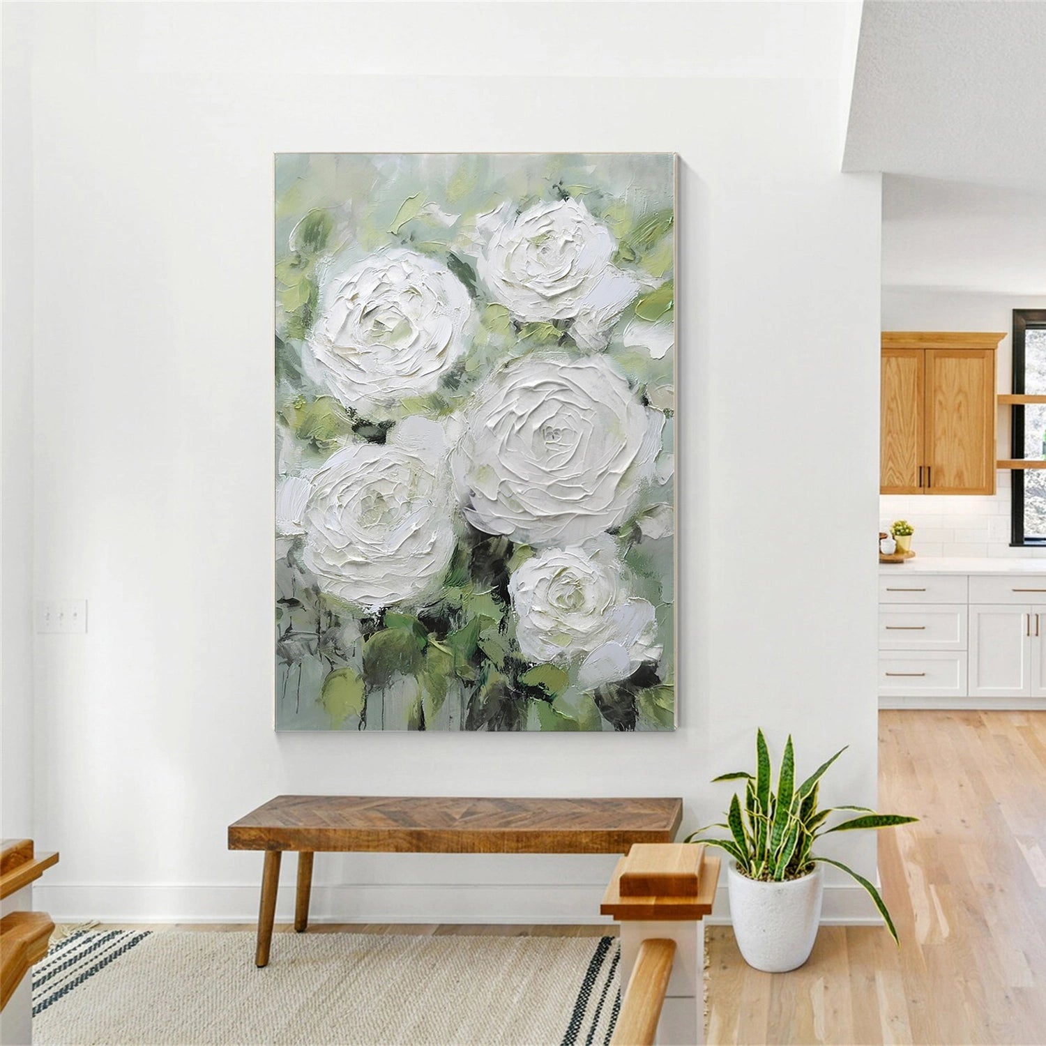 White and Green Flower & Tree Abstract Textured Wall Art #ML213