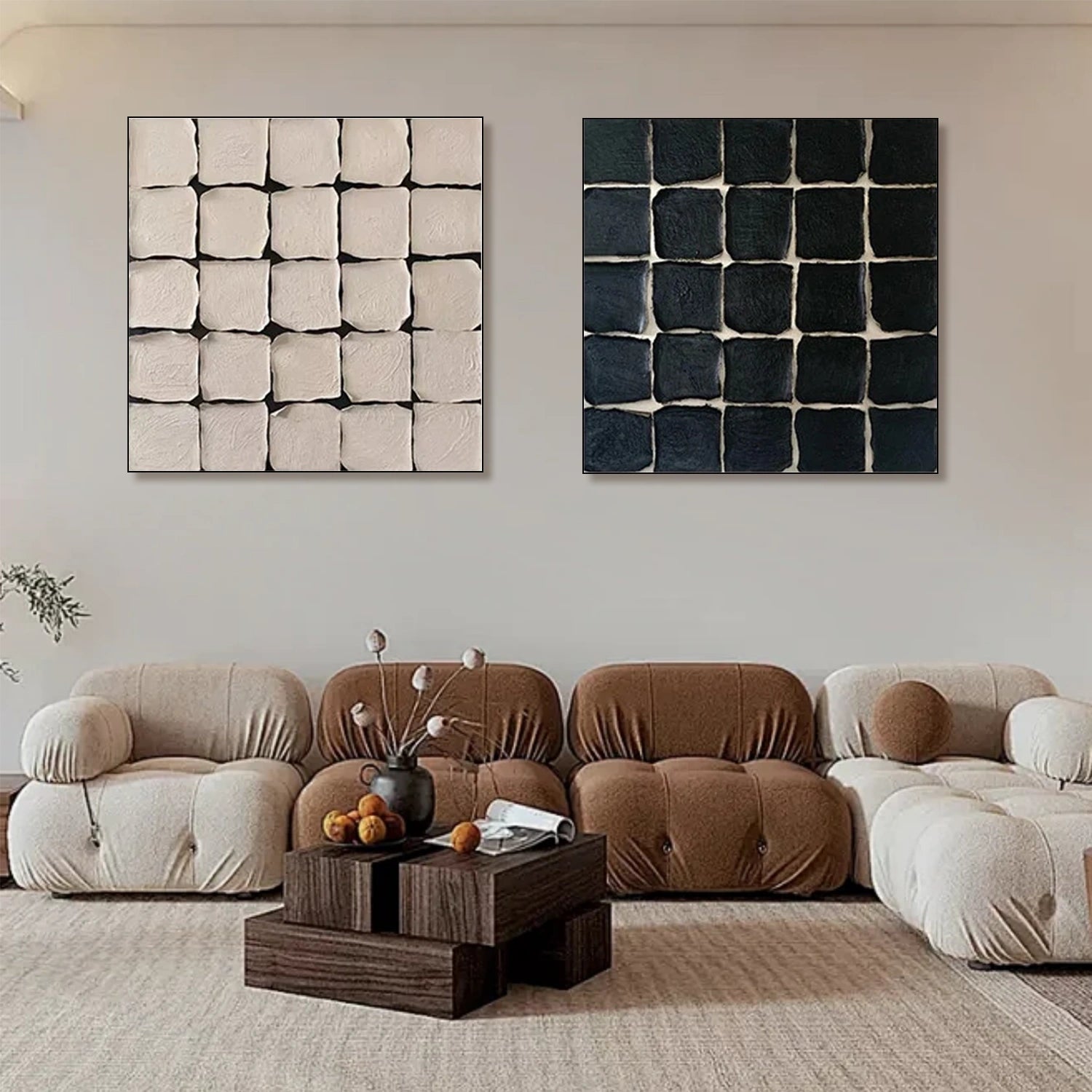 Black and Beige Minimalist Textured Canvas Art Set of 2 #MZ100