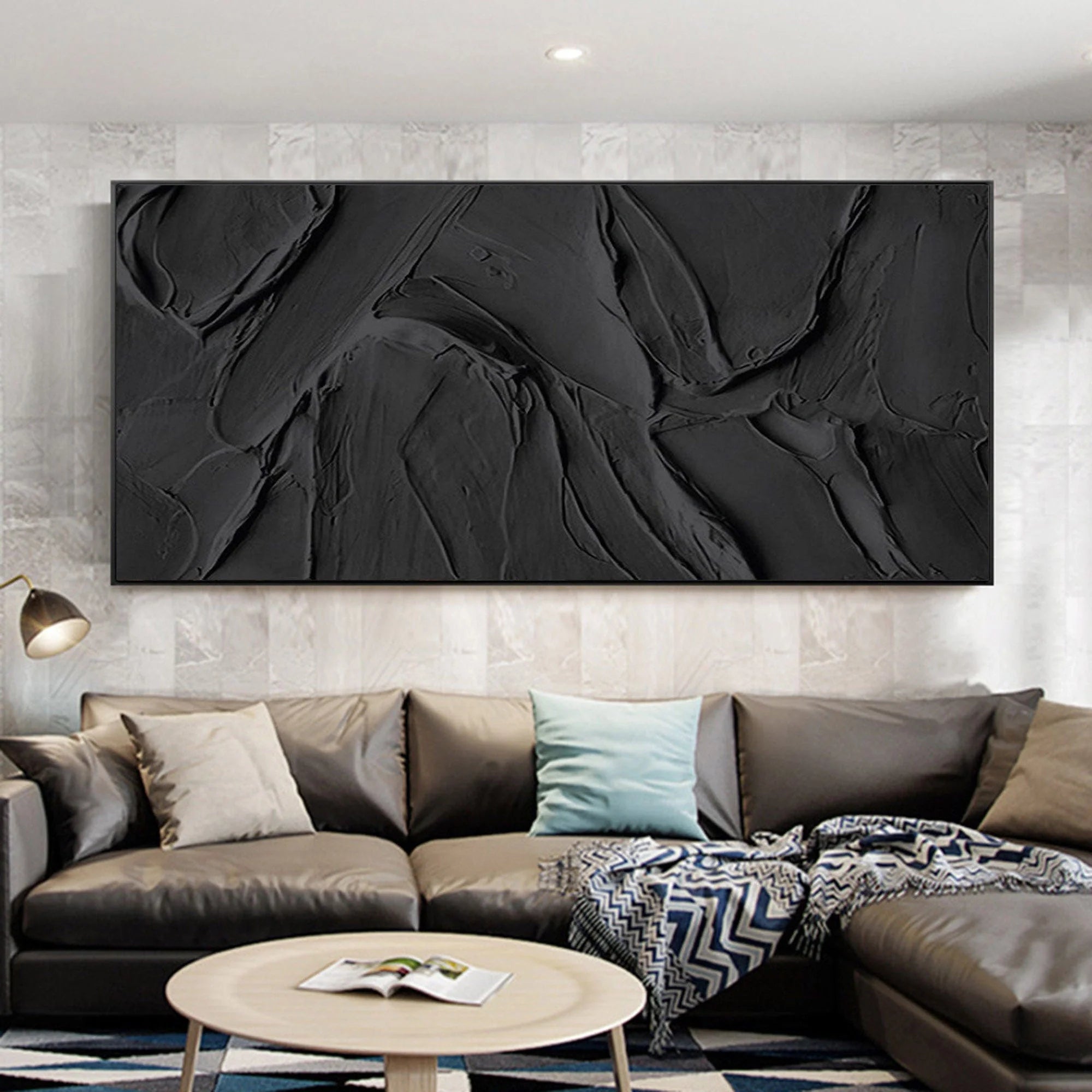 Black 3D Textured Plaster Minimalist Painting on Canvas, Handmade Wall Art