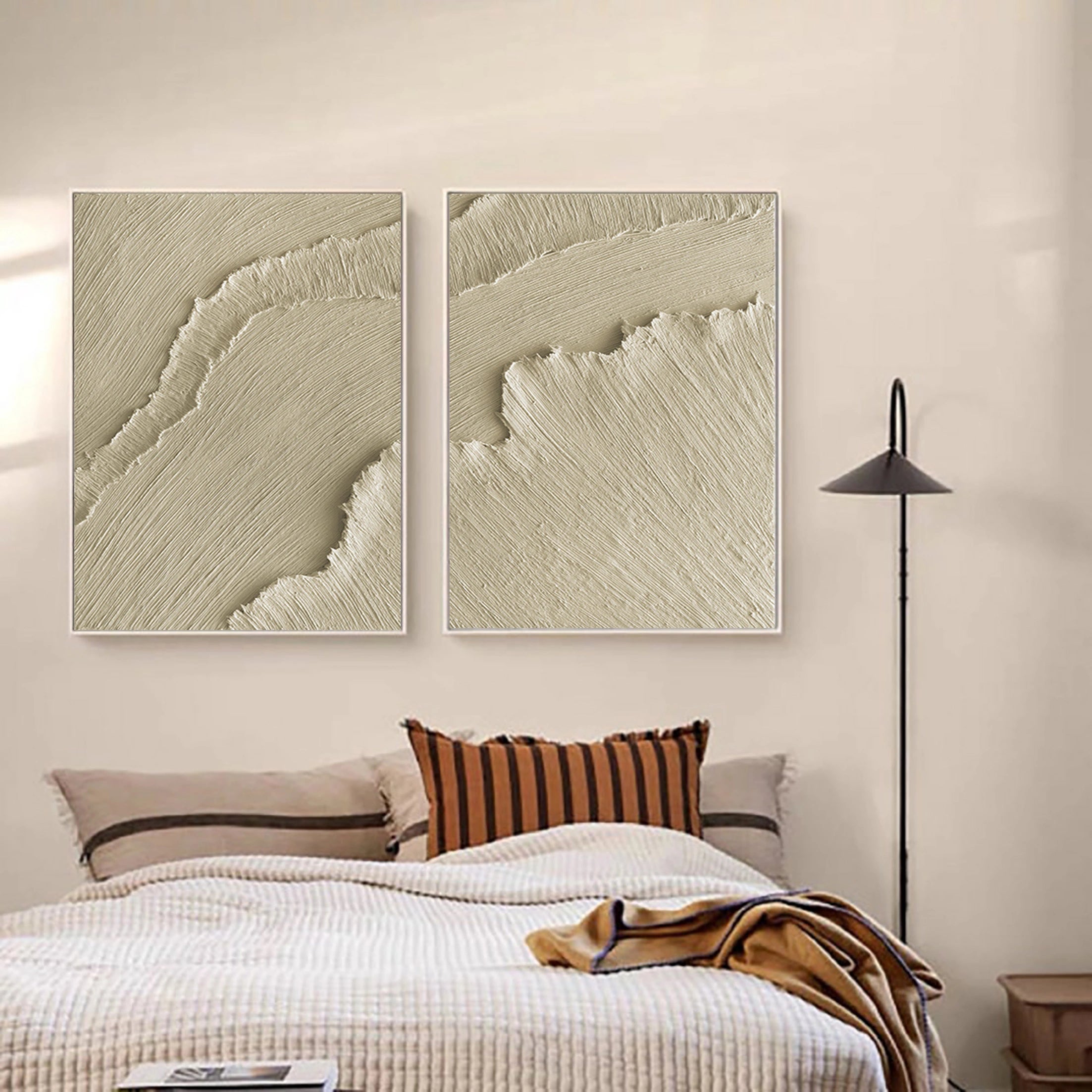 Set of 2 Beige Plaster Art Minimalistic Large Painting Wall Decor