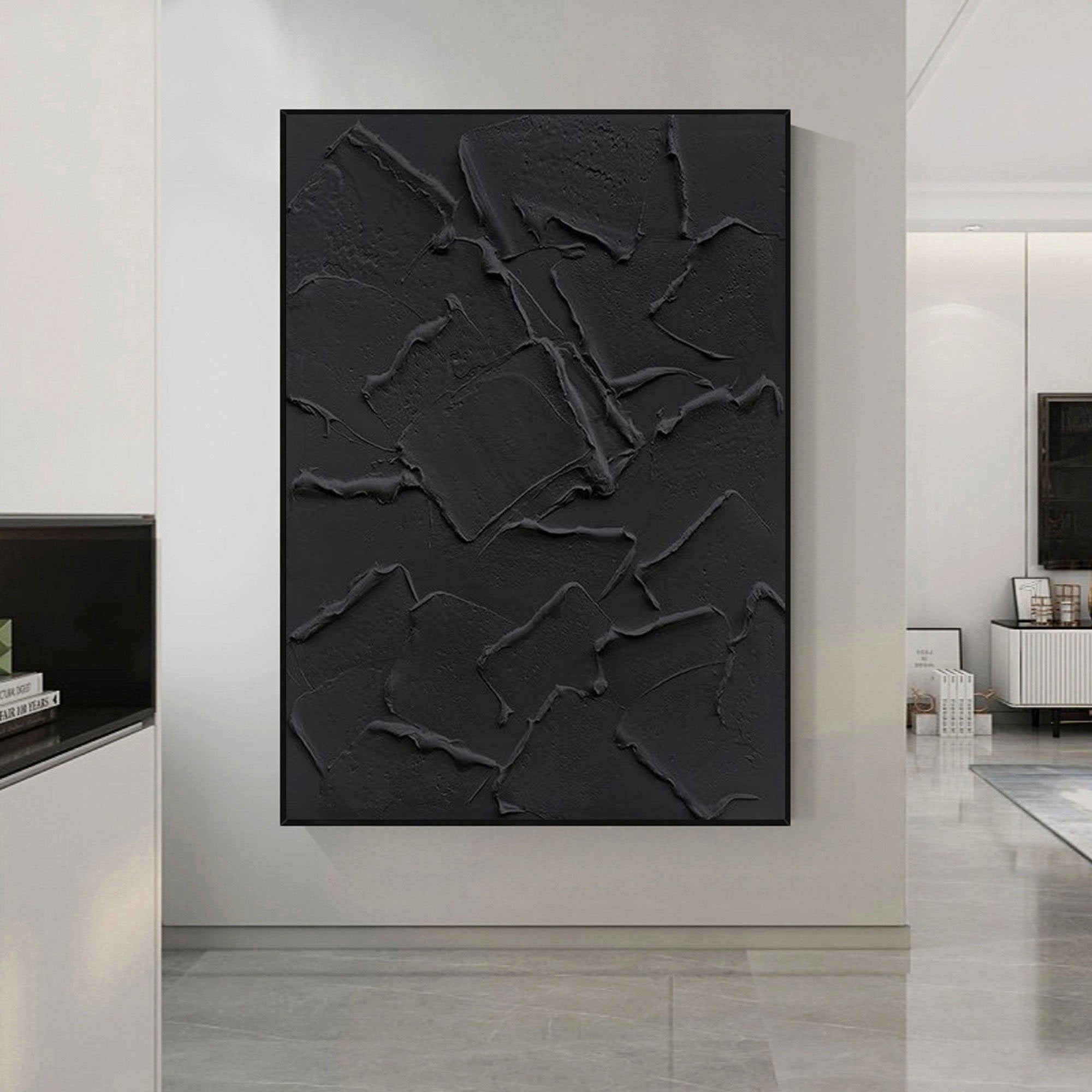Black Textured Plaster Art Ocean Wave Minimalist Painting on Canvas