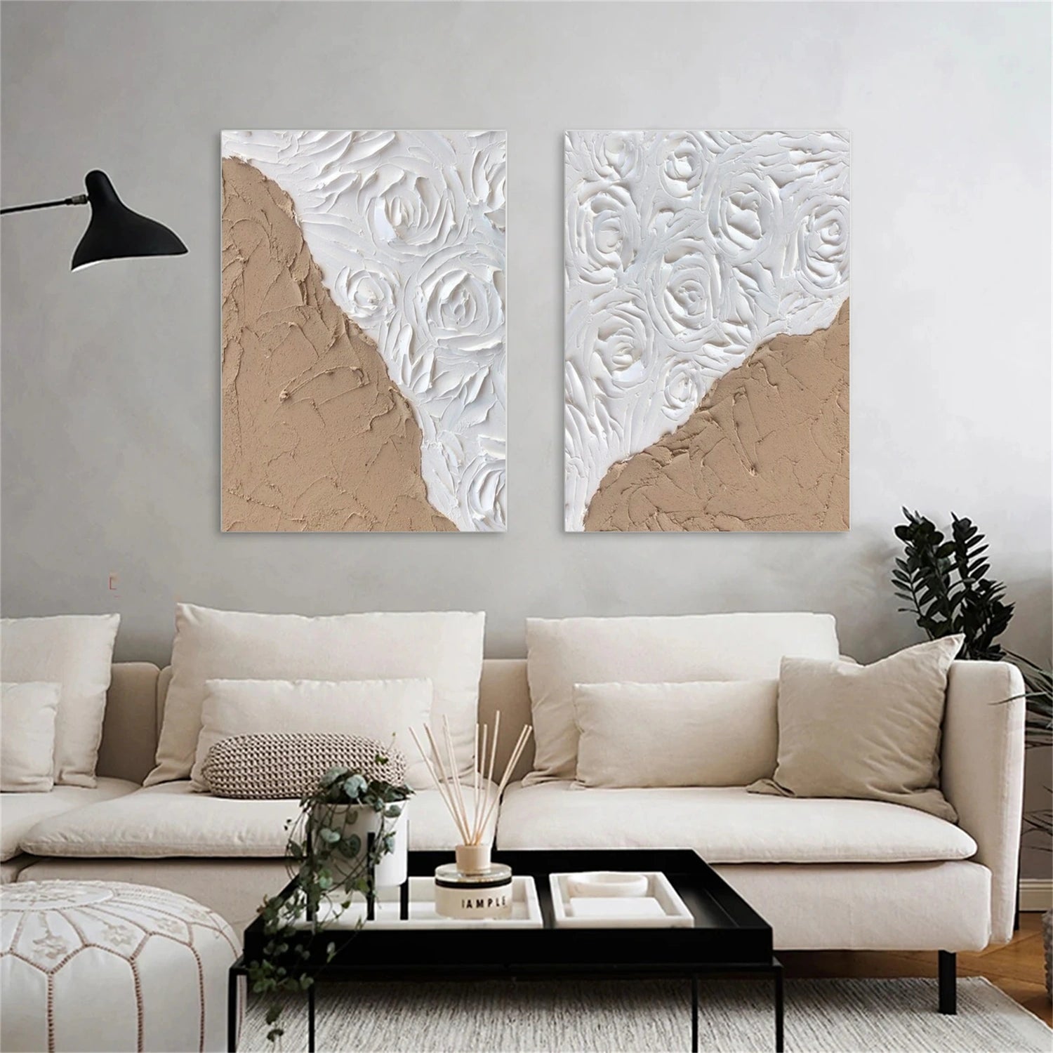 White and Brown Minimalist Textured Art Set of 2 #MM236