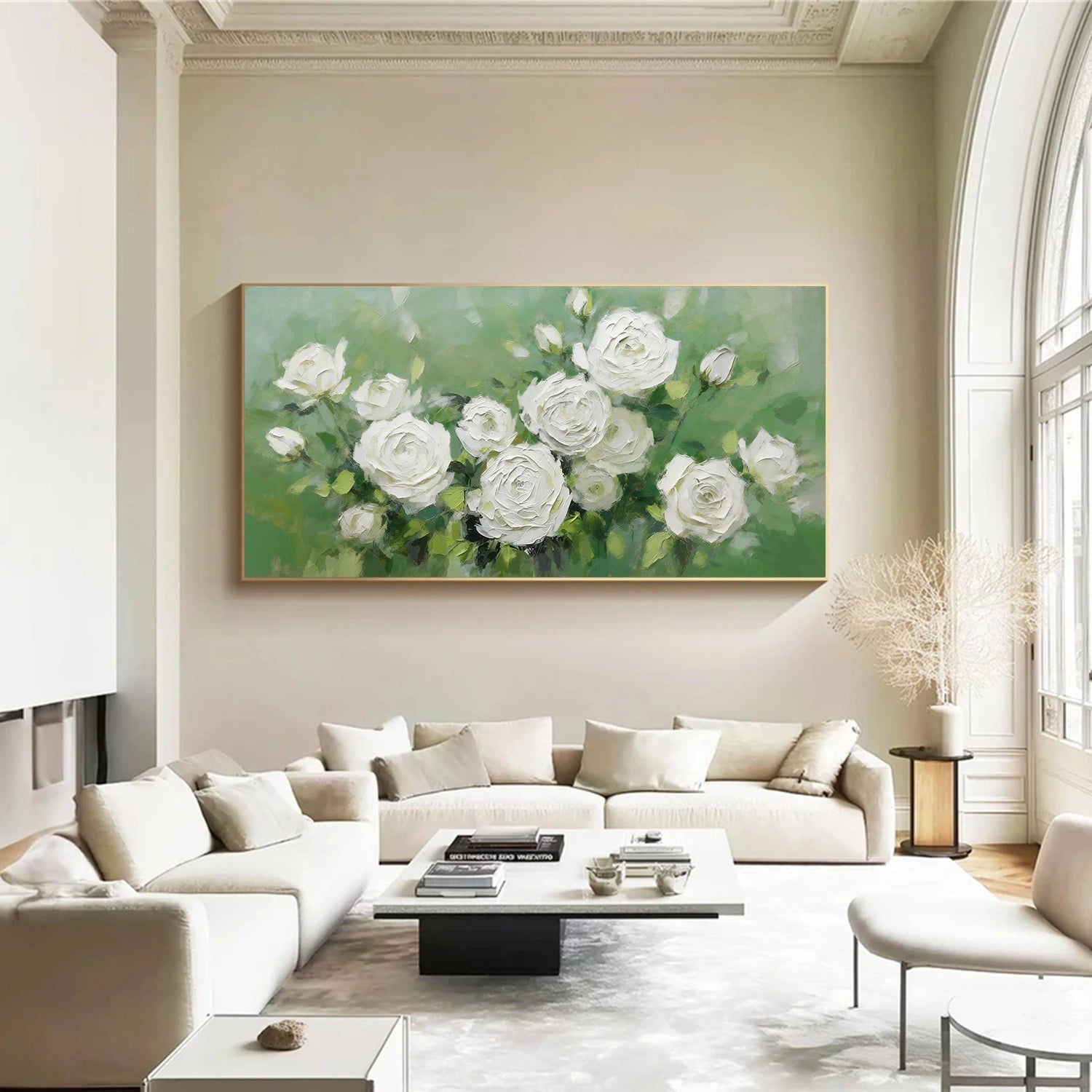 White and Green Flower & Tree Abstract Textured Wall Art #ML214