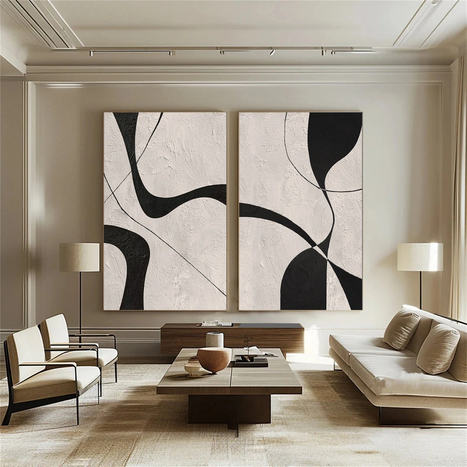 Beige & Black Abstract Textured Canvas Art Set of 2 #WS780