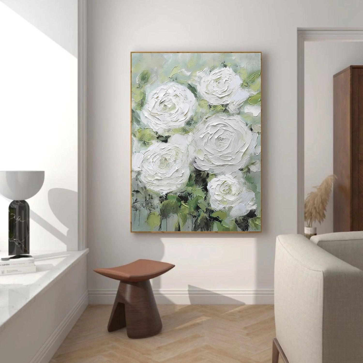 White and Green Flower & Tree Abstract Textured Wall Art #ML213