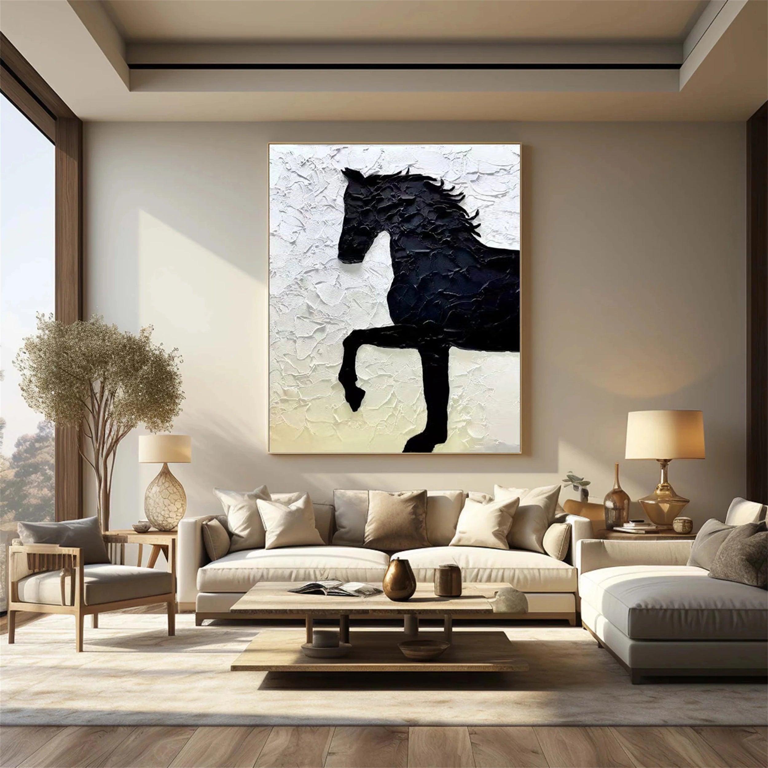 White And Black Horse Abstract Animal Wall Art #AL015