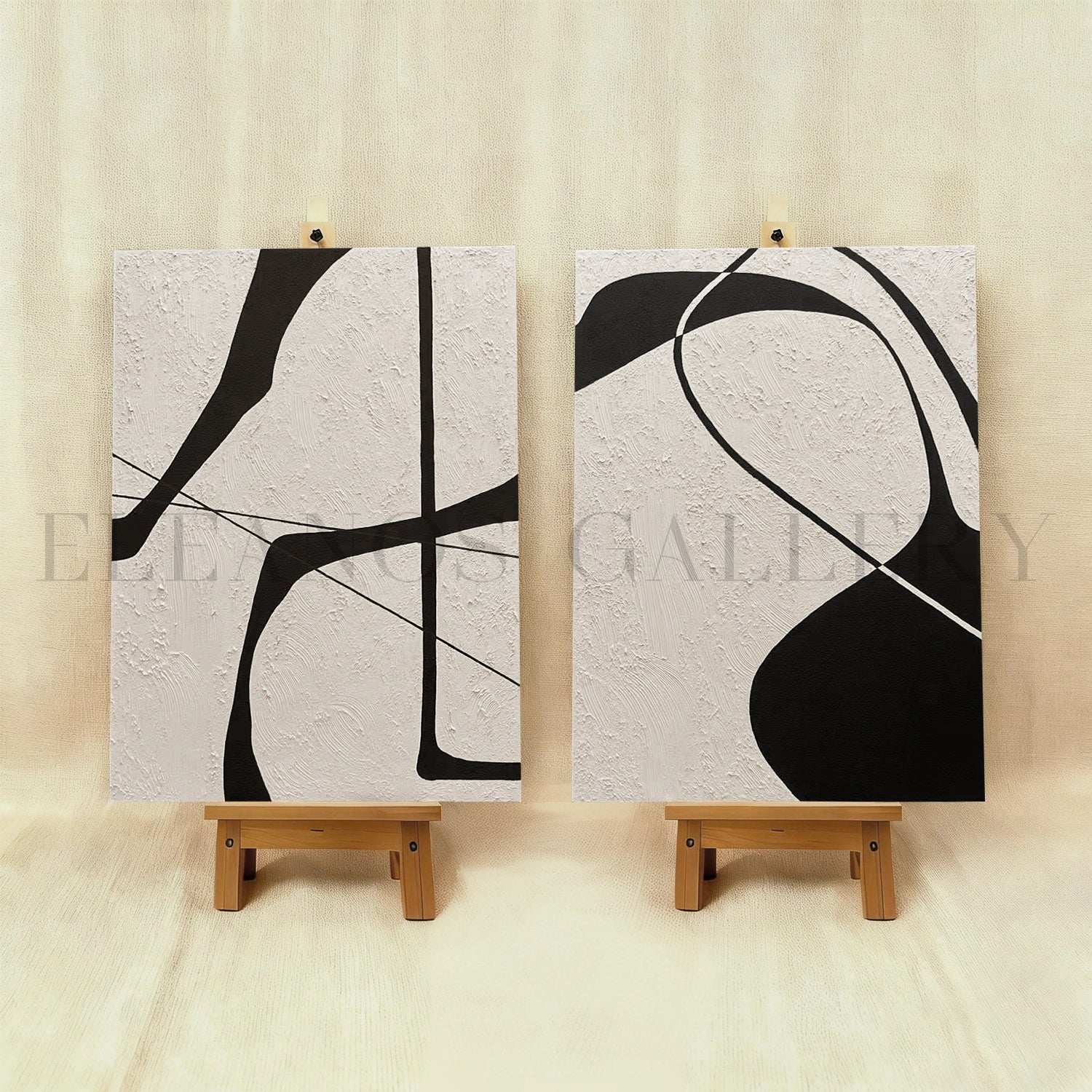 Beige & Black Abstract Textured Painting Set of 2 #WS110