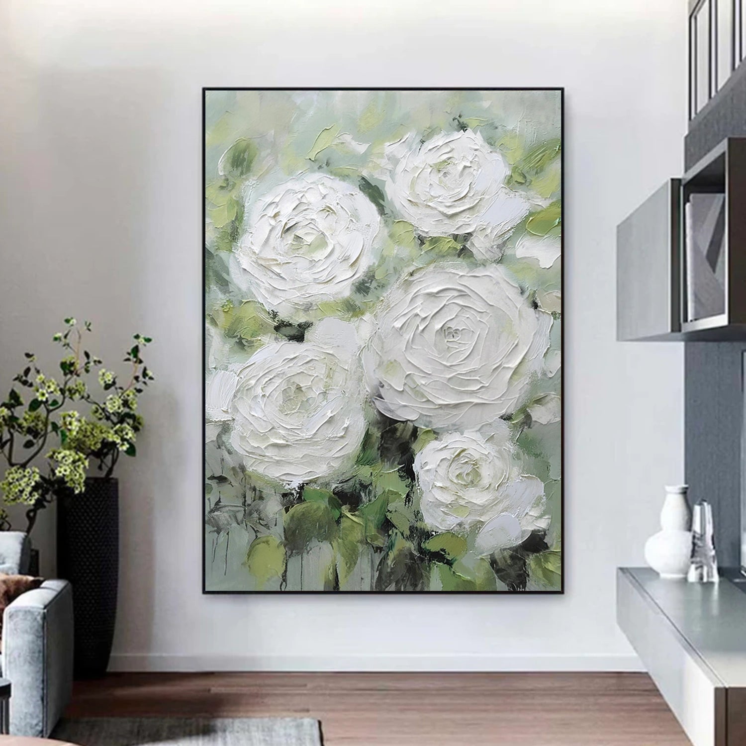 White and Green Flower & Tree Abstract Textured Wall Art #ML213