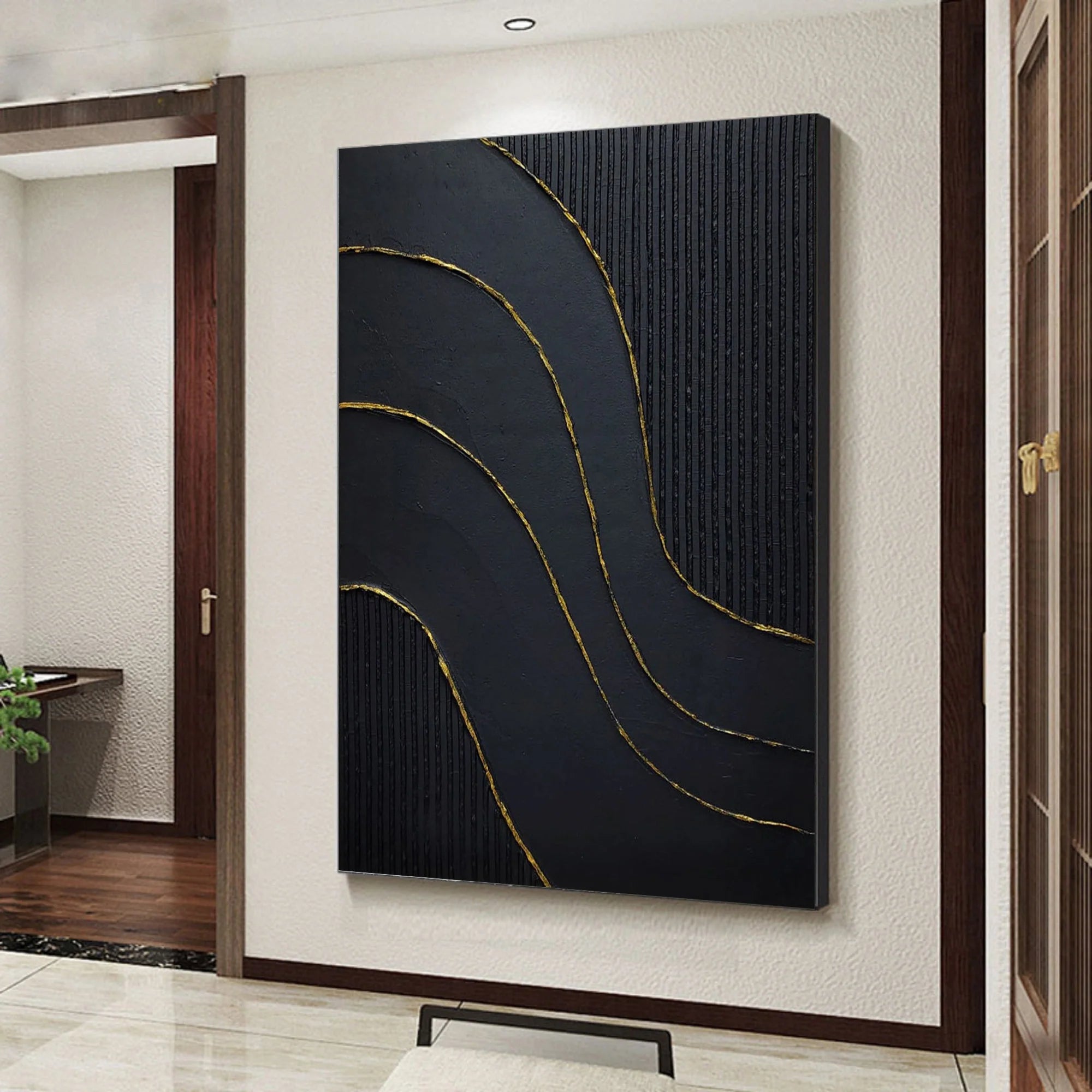 Large 3D Textured Abstract Minimalist Wall Art Black Modernism Painting Gold Foil Handcrafted Artwork Home Decor