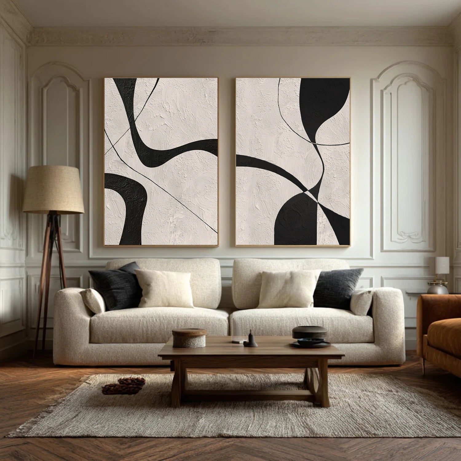 Beige & Black Abstract Textured Canvas Art Set of 2 #WS780