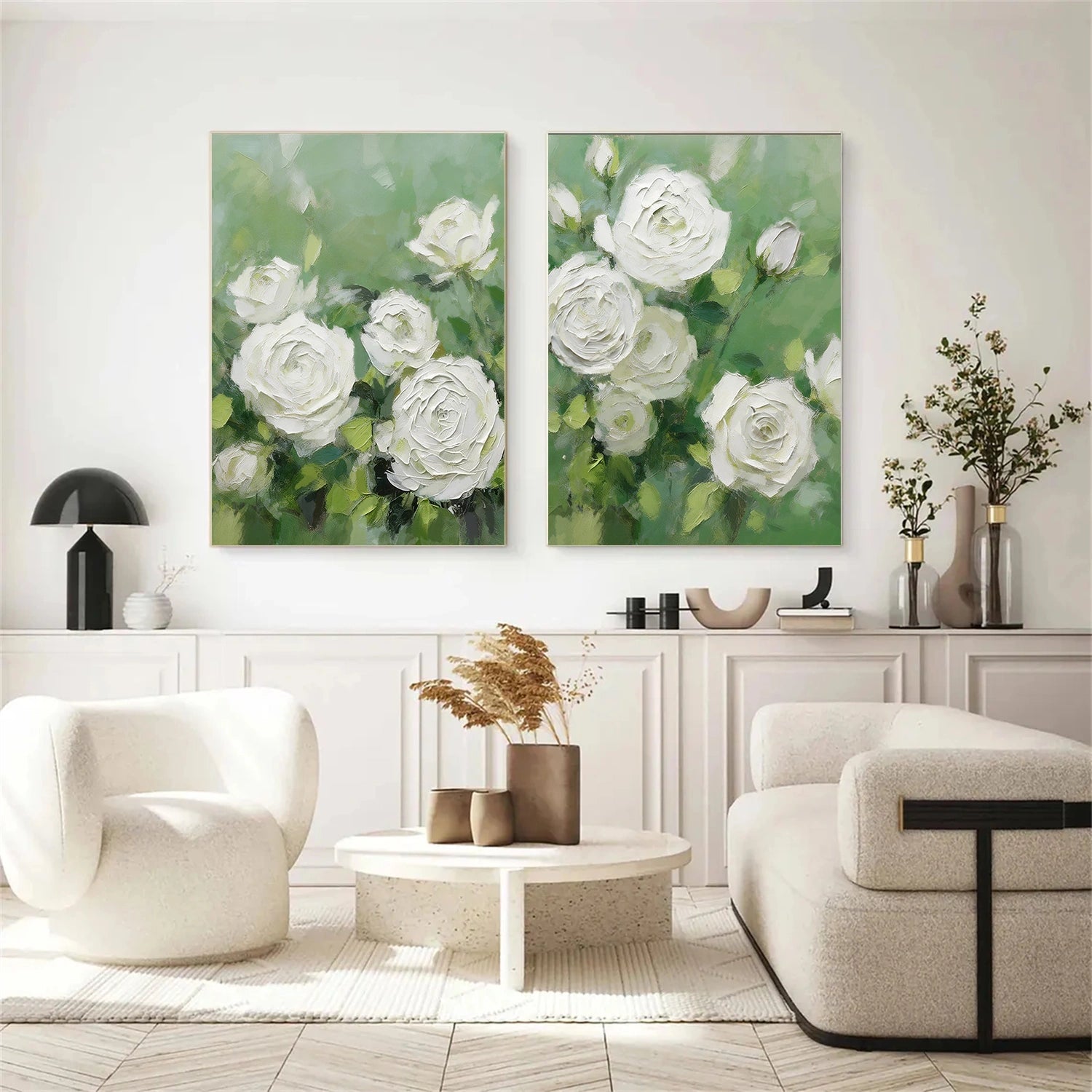 White and Green Flower & Tree Abstract Textured Wall Art Set of 2 #ML216