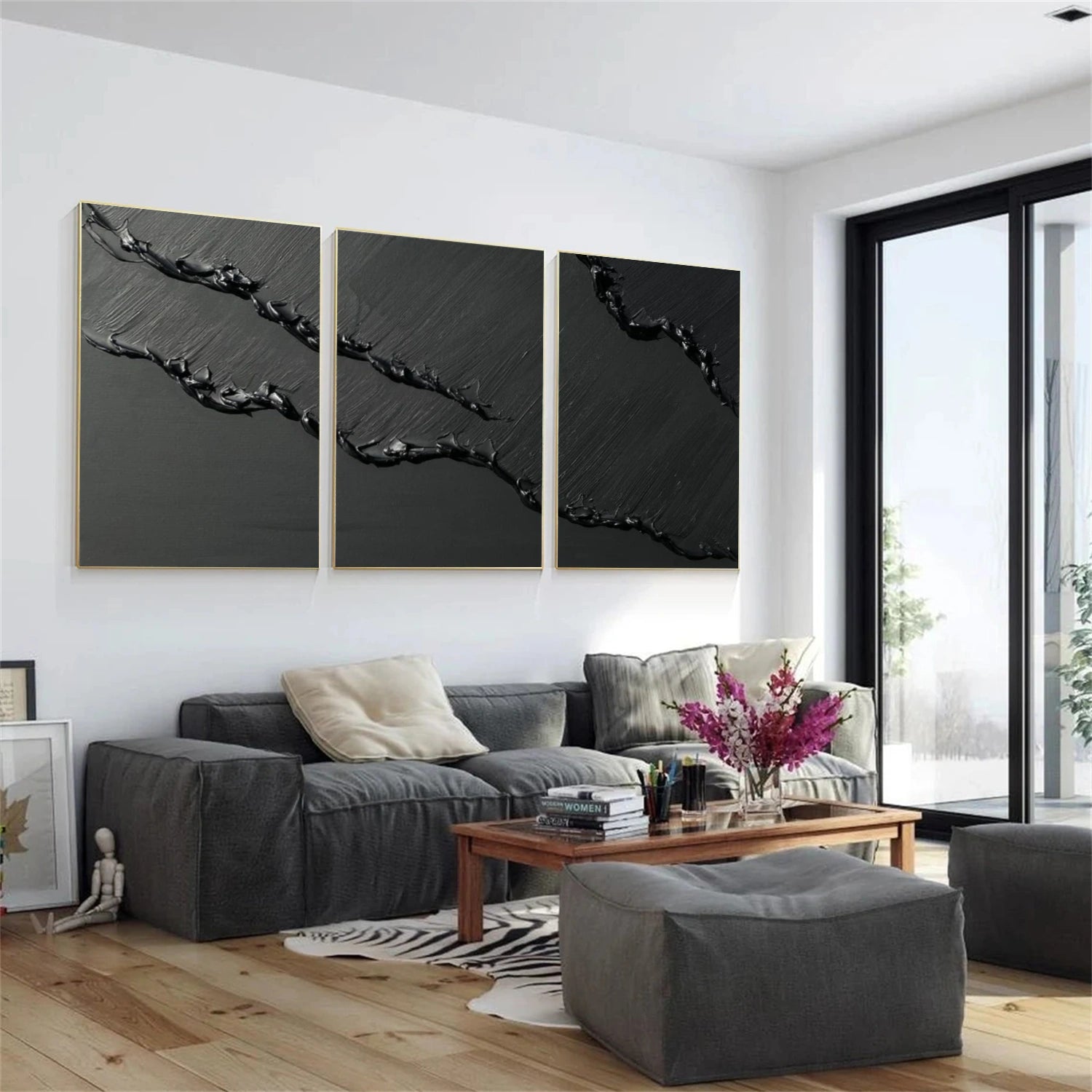 Black Minimalist Textured Canvas Art Set of 3 #MZ115