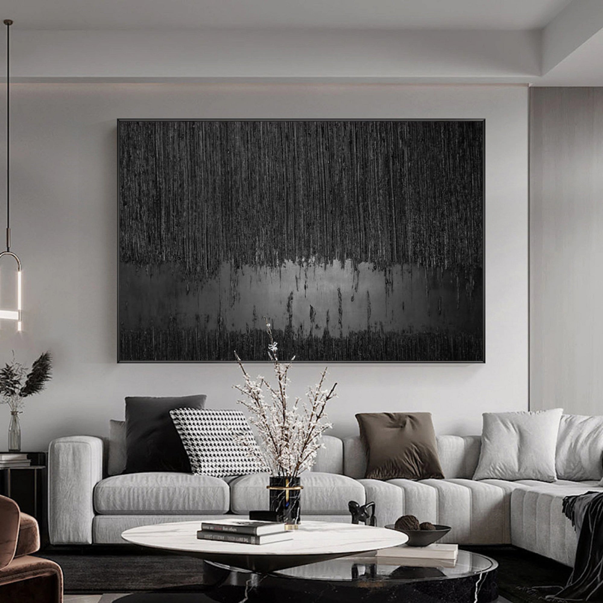 Original Black 3D Textured Minimalist Painting on Canvas Wall Decro