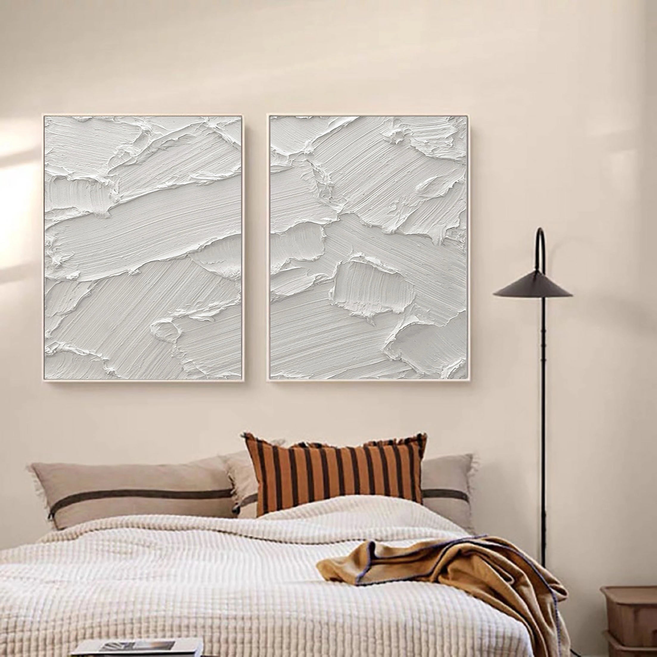 Set of 2 White Plaster Art Original Textured Painting for Room Decor