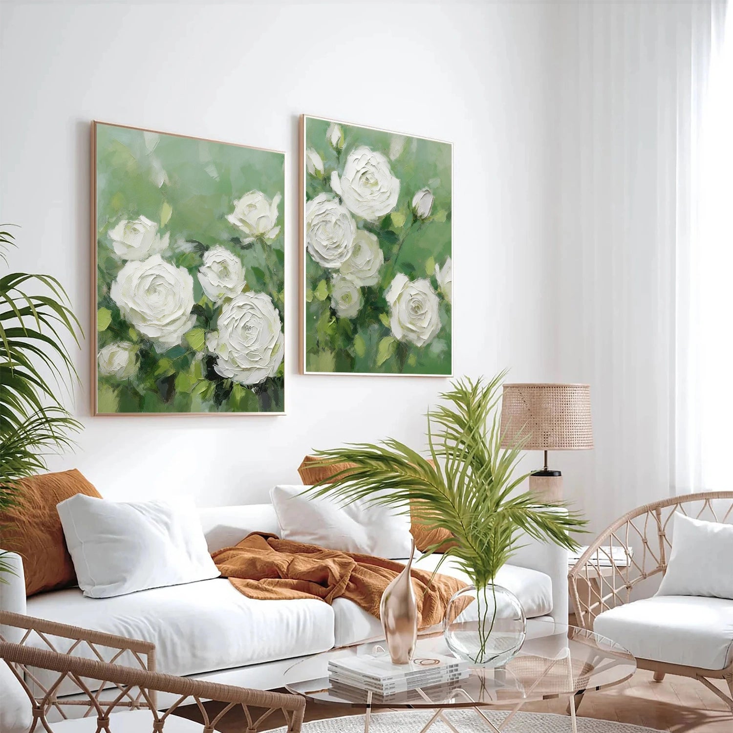 White and Green Flower & Tree Abstract Textured Wall Art Set of 2 #ML216