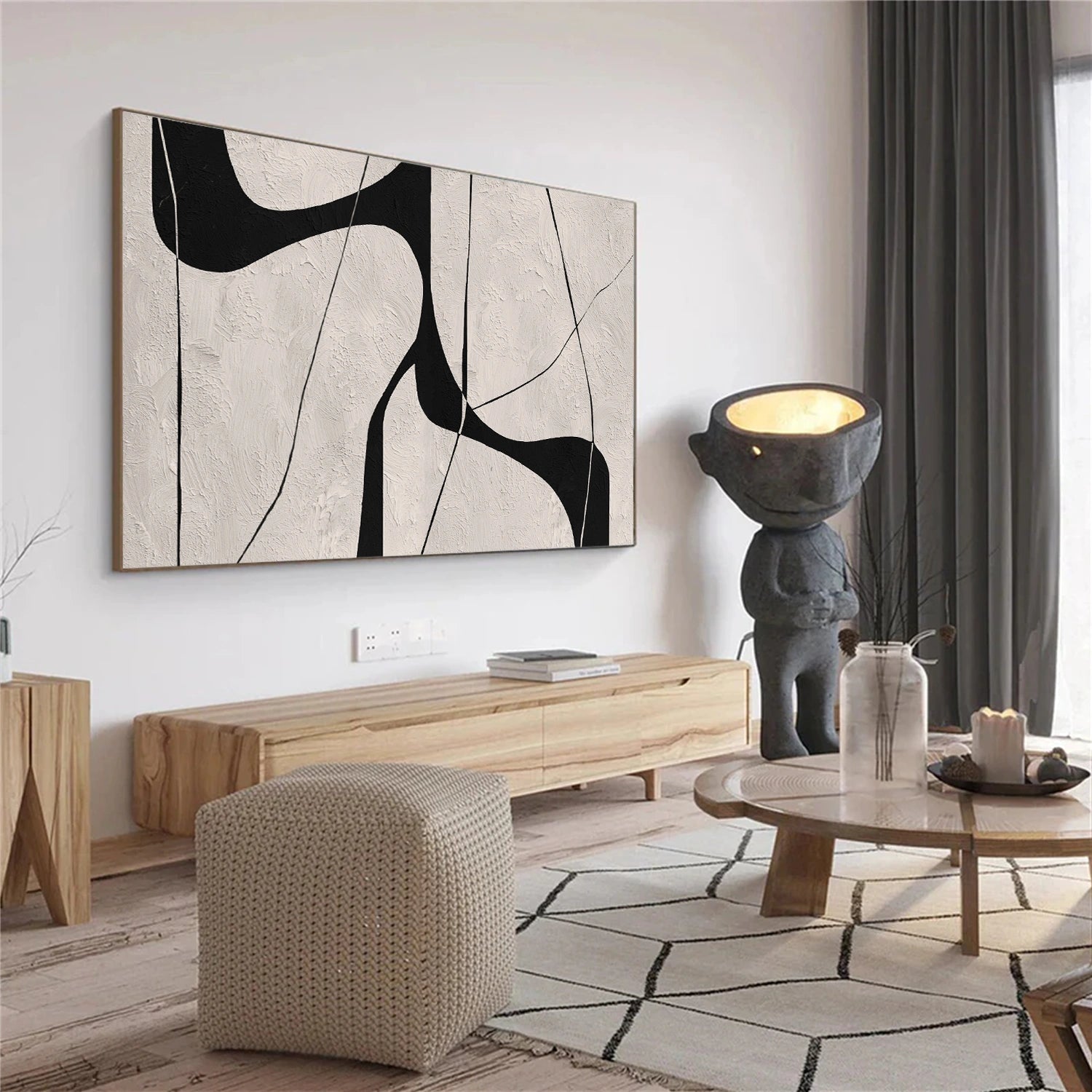 Beige & Black Abstract Textured Canvas Art #WS786