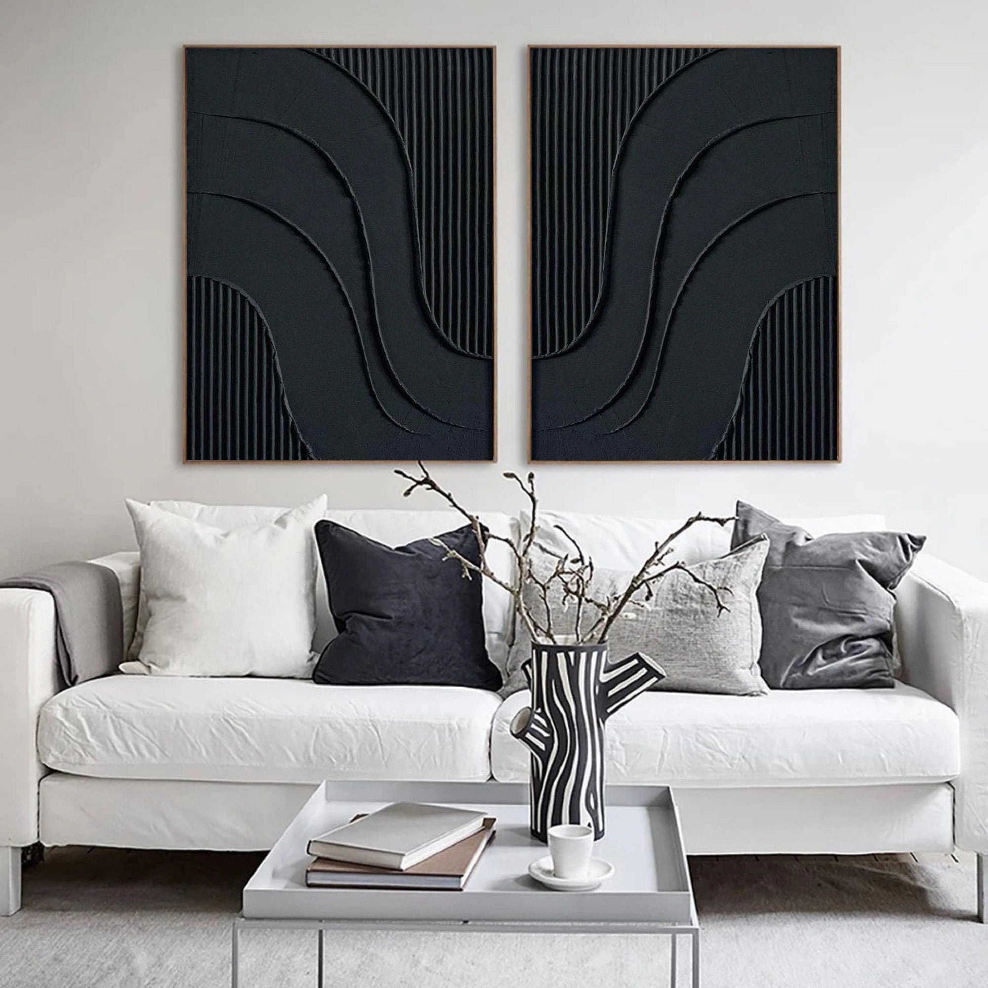 Set of 2 Black Minimalist Textured Original Painting, Large Modern Abstract Wall Decor