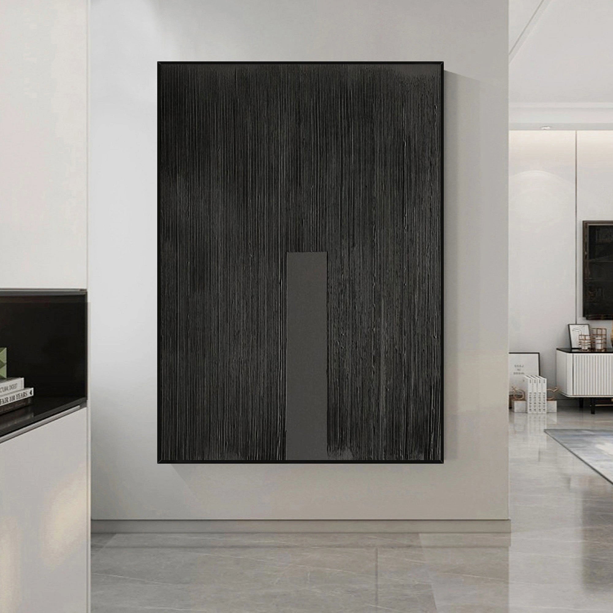 Black Textured Minimalist Zen Canvas Wall Artwork for Bedroom/Living Room