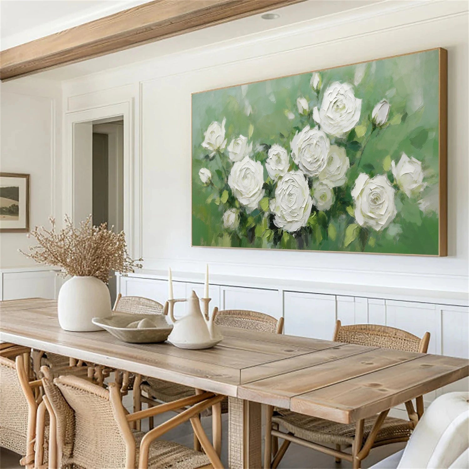 White and Green Flower & Tree Abstract Textured Wall Art #ML214