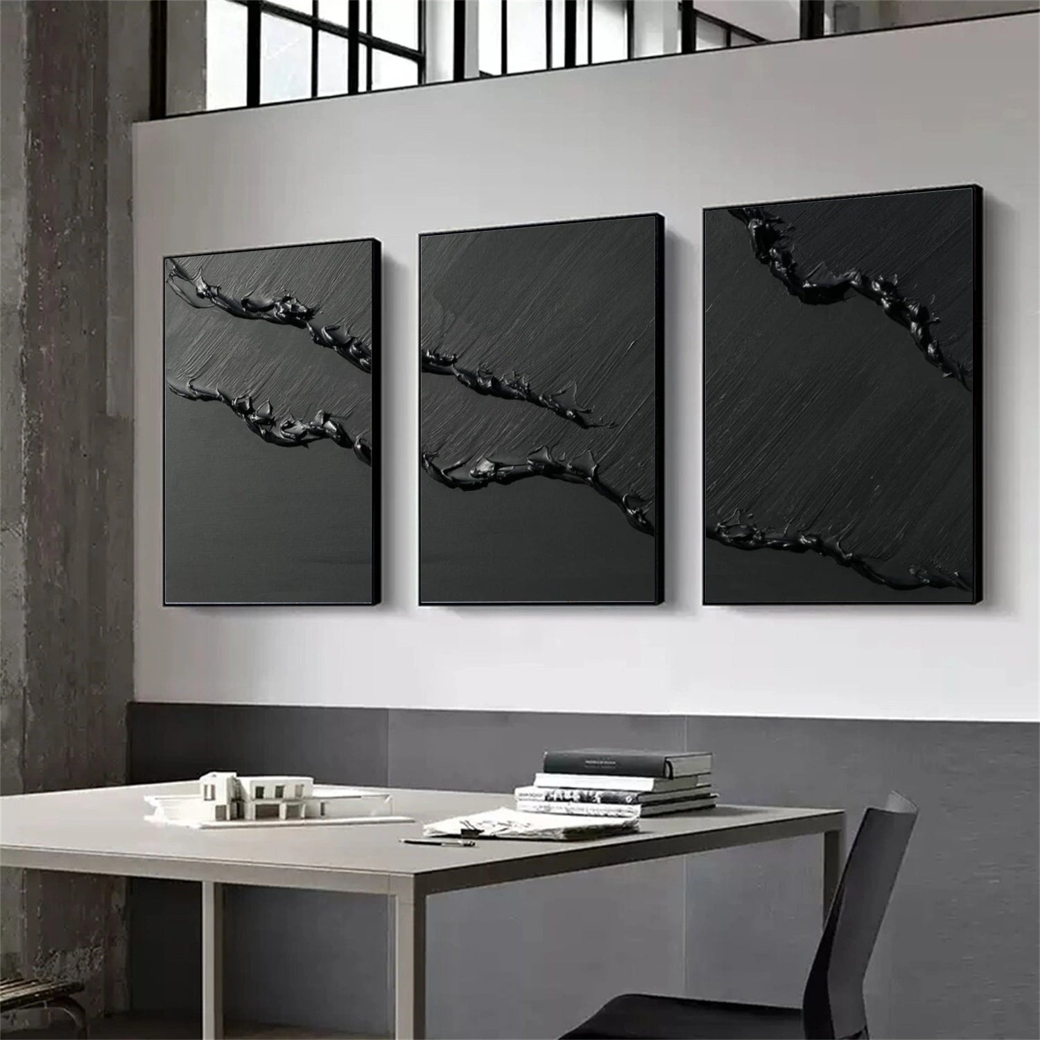 Black Minimalist Textured Canvas Art Set of 3 #MZ115
