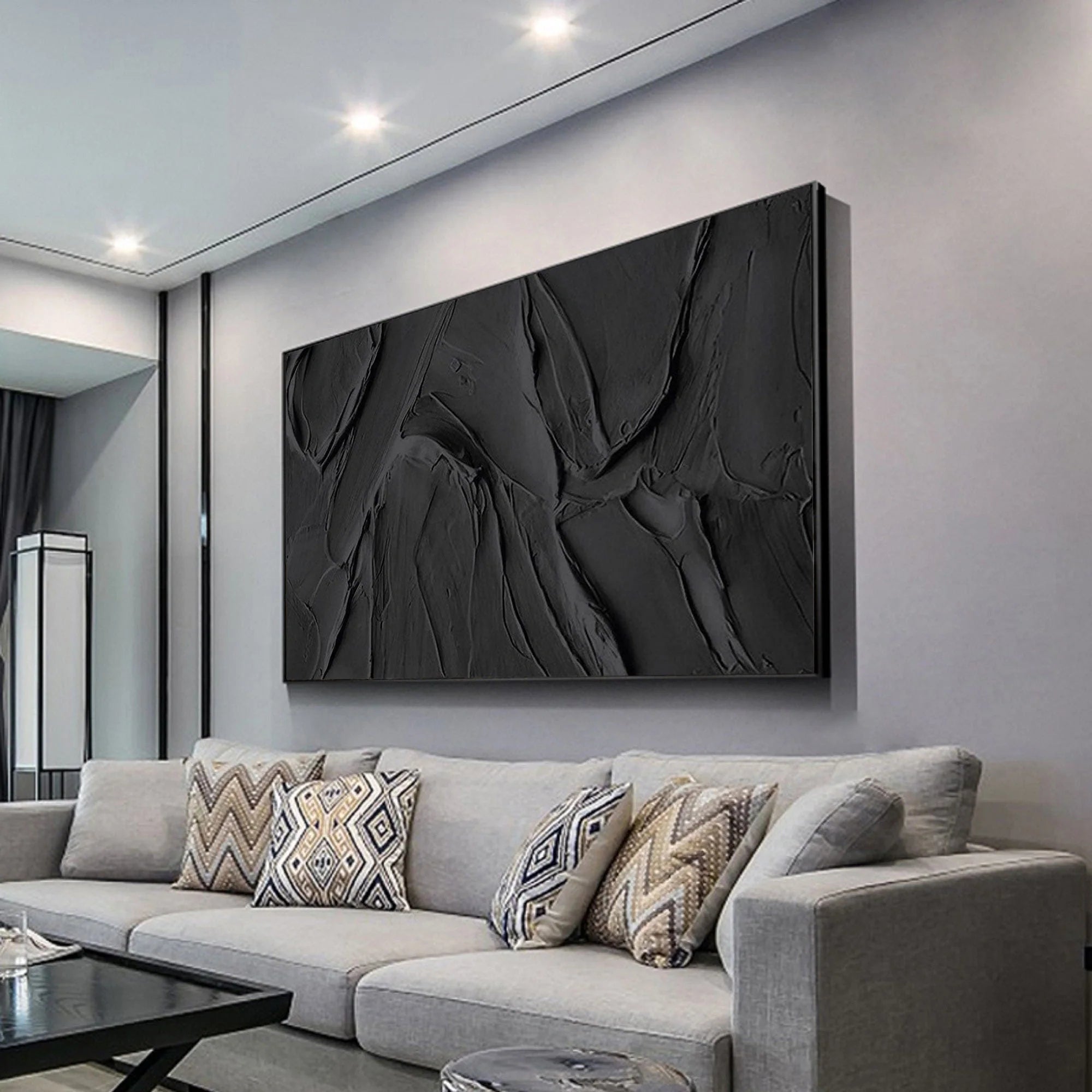 Black 3D Textured Plaster Minimalist Painting on Canvas, Handmade Wall Art