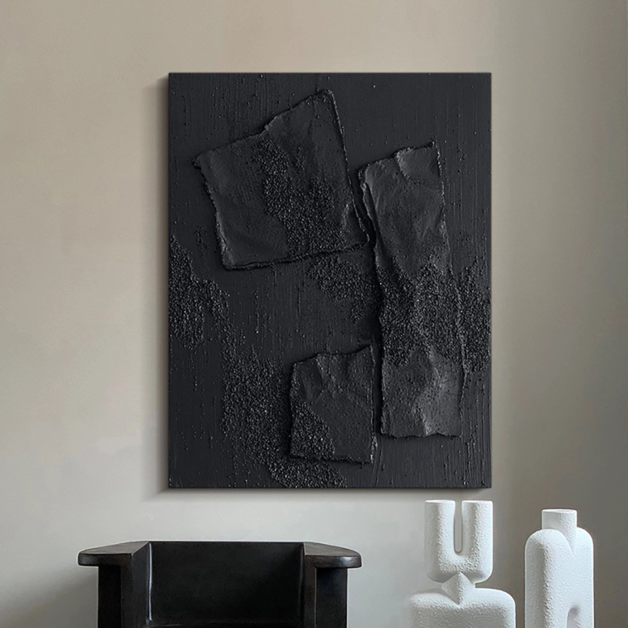 Total Black Plaster Art Minimalist Zen Abstract Painting on Canvas