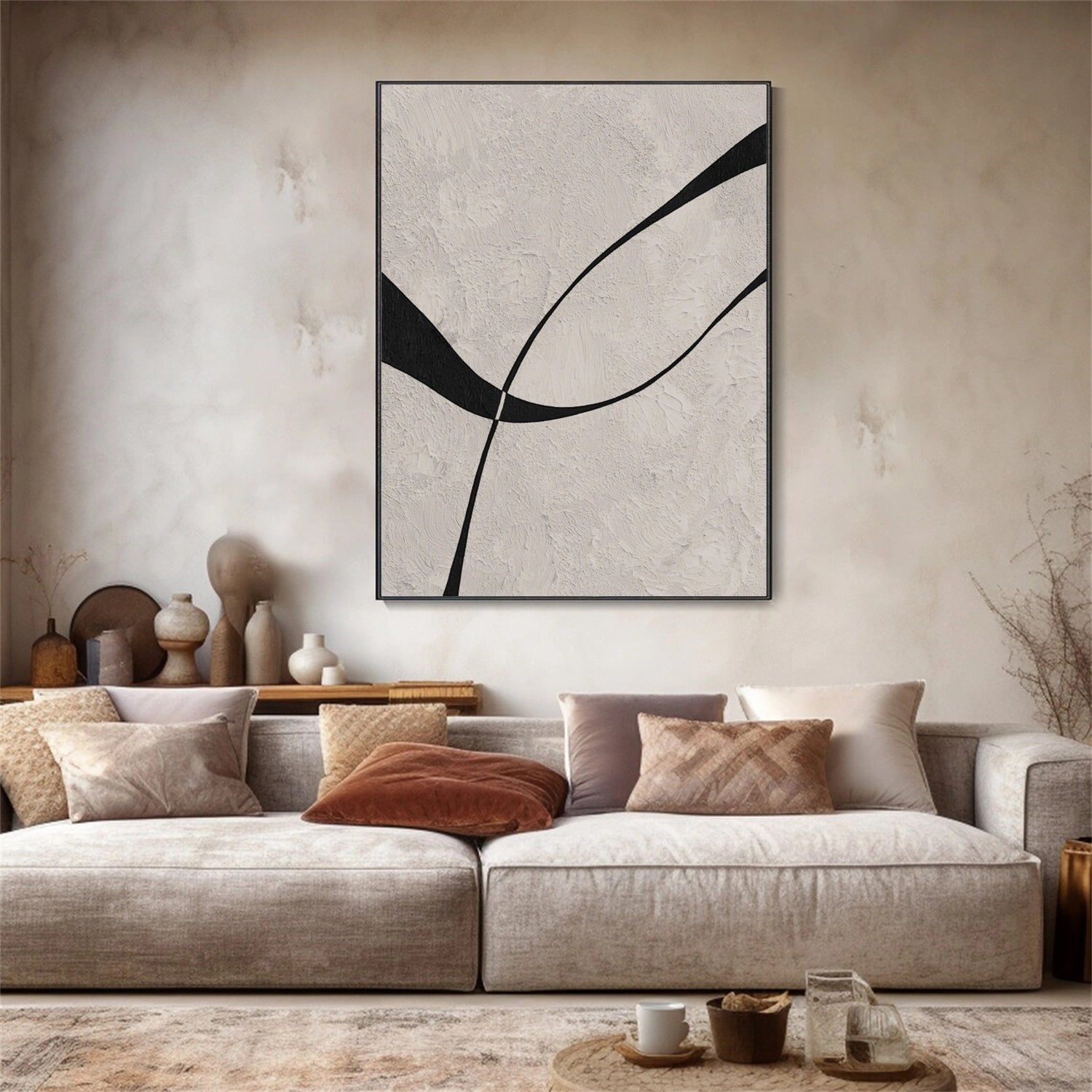 Beige & Black Abstract Textured Painting #WS479