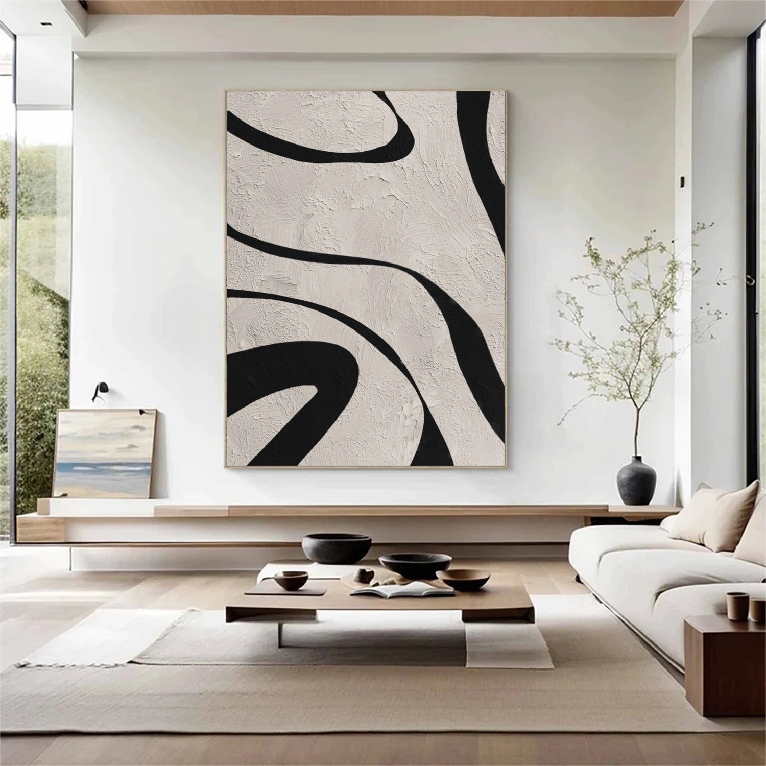 Beige & Black Abstract Textured Painting #WS477