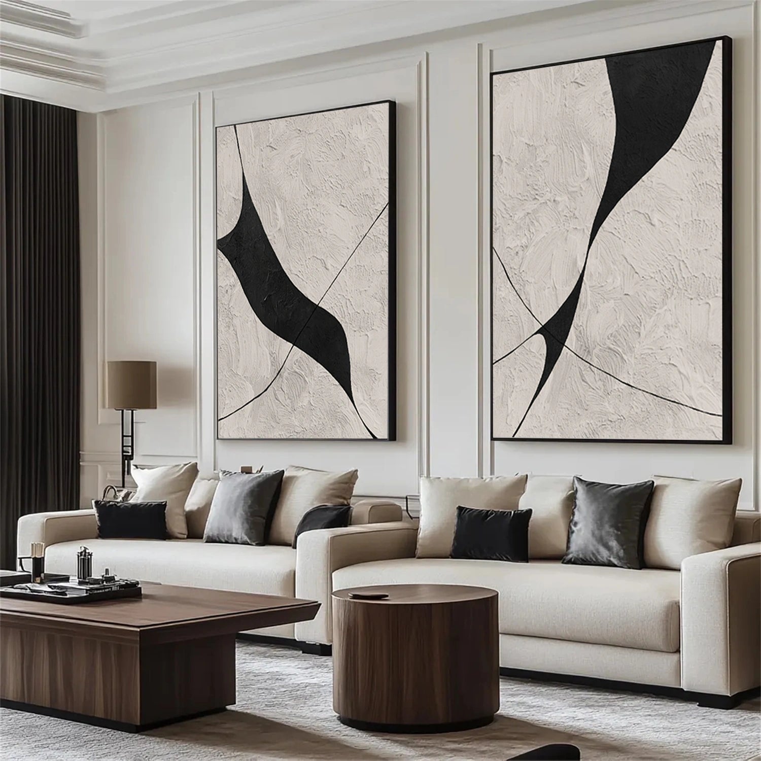 Beige & Black Abstract Textured Painting Set of 2 #WS462