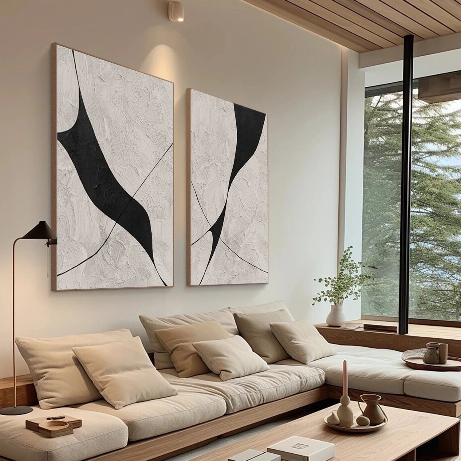 Beige & Black Abstract Textured Painting Set of 2 #WS462