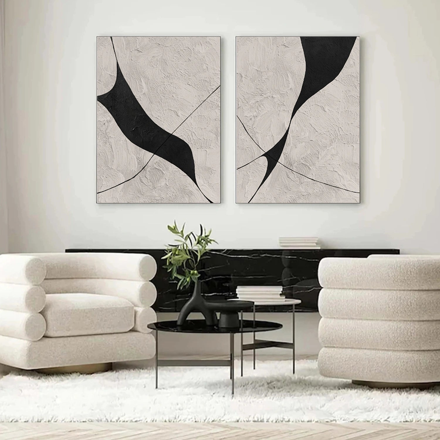 Beige & Black Abstract Textured Painting Set of 2 #WS462