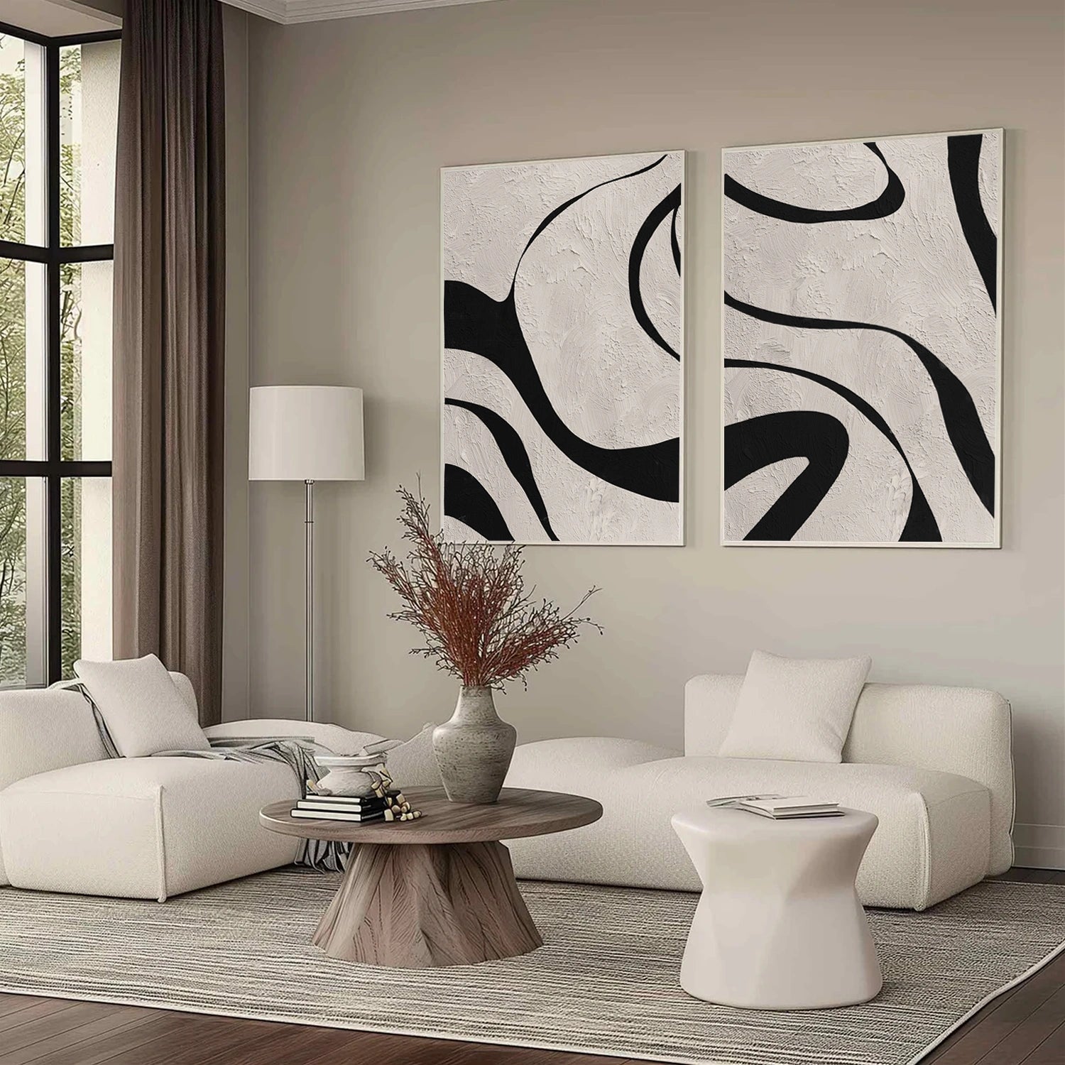 Beige & Black Abstract Textured Painting Set of 2 #WS463