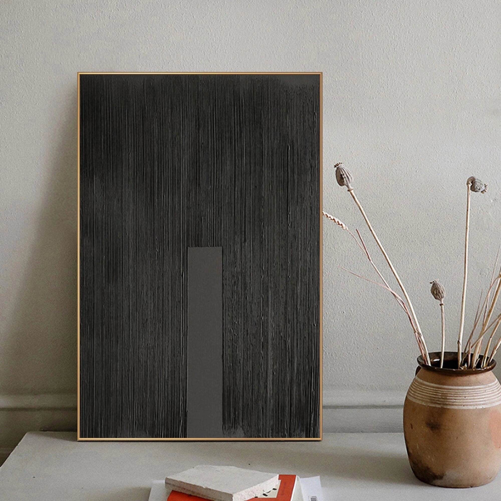 Black Textured Minimalist Zen Canvas Wall Artwork for Bedroom/Living Room