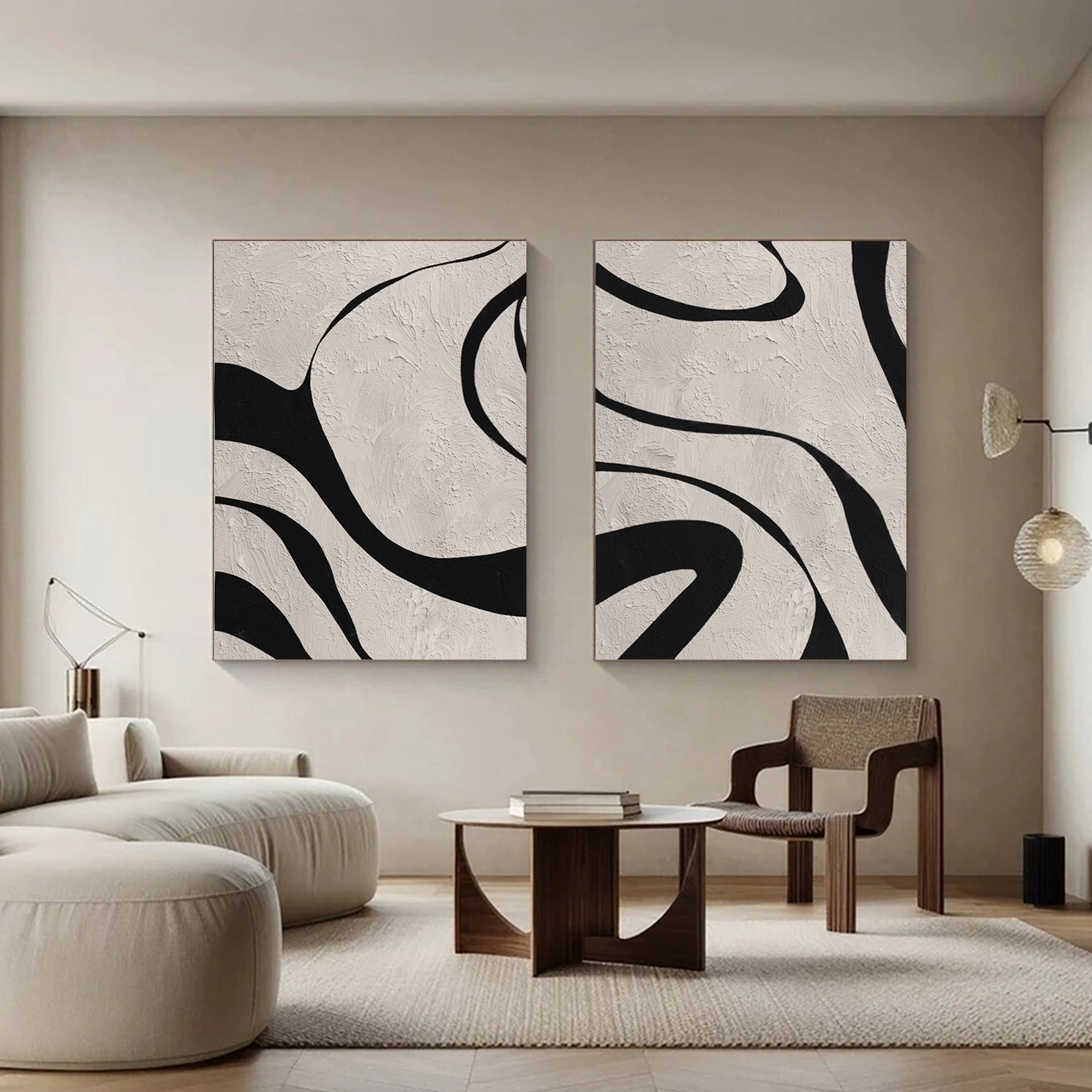 Beige & Black Abstract Textured Painting Set of 2 #WS463