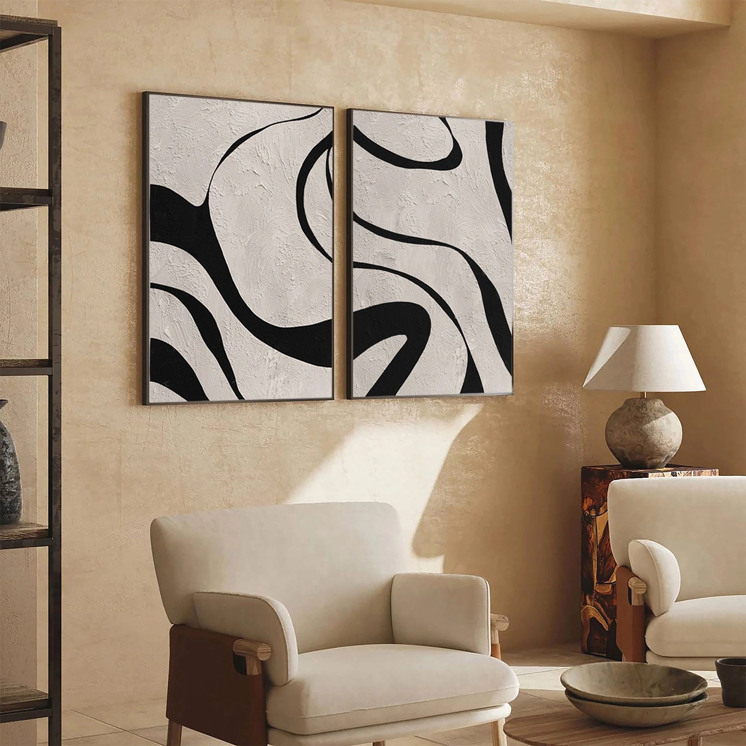 Beige & Black Abstract Textured Painting Set of 2 #WS463