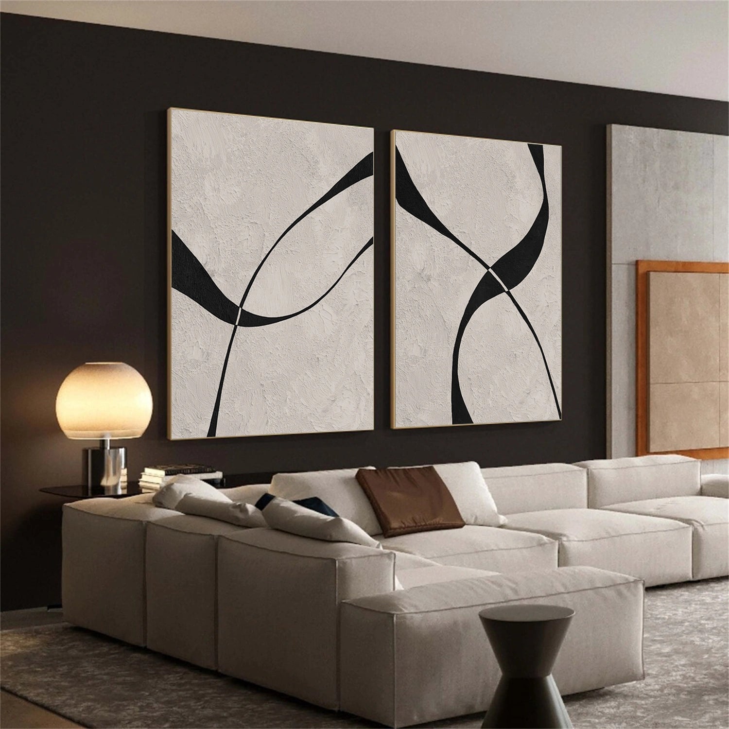 Beige & Black Abstract Textured Painting Set of 2 #WS464