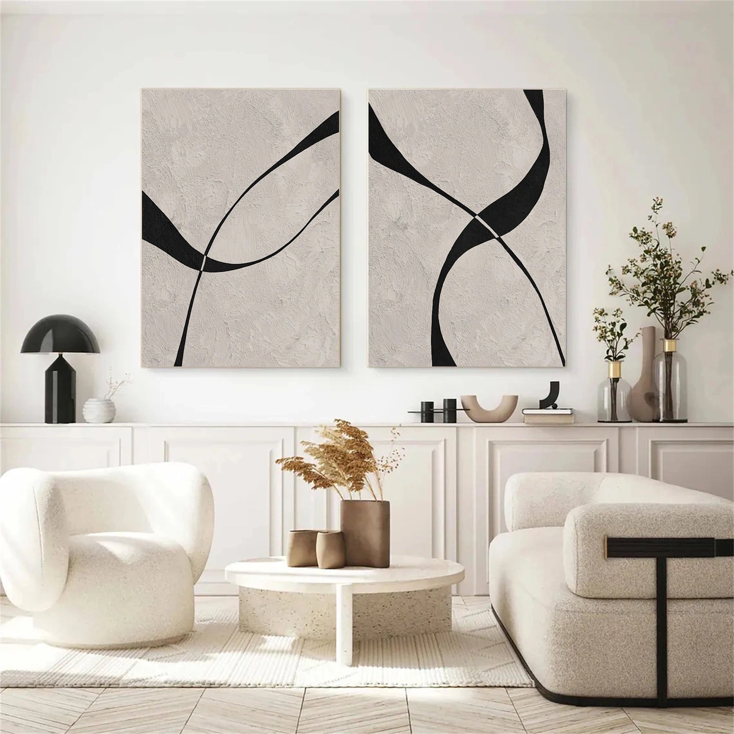 Beige & Black Abstract Textured Painting Set of 2 #WS464