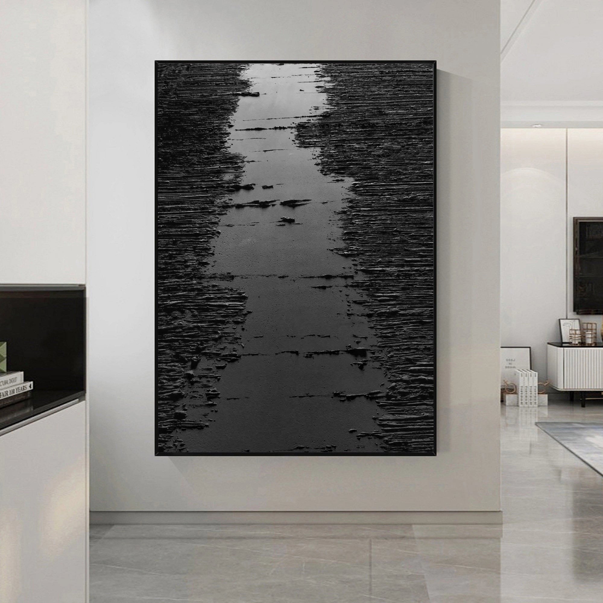 Black 3D Textured Minimalist River Canvas Wall Artwork Decor for