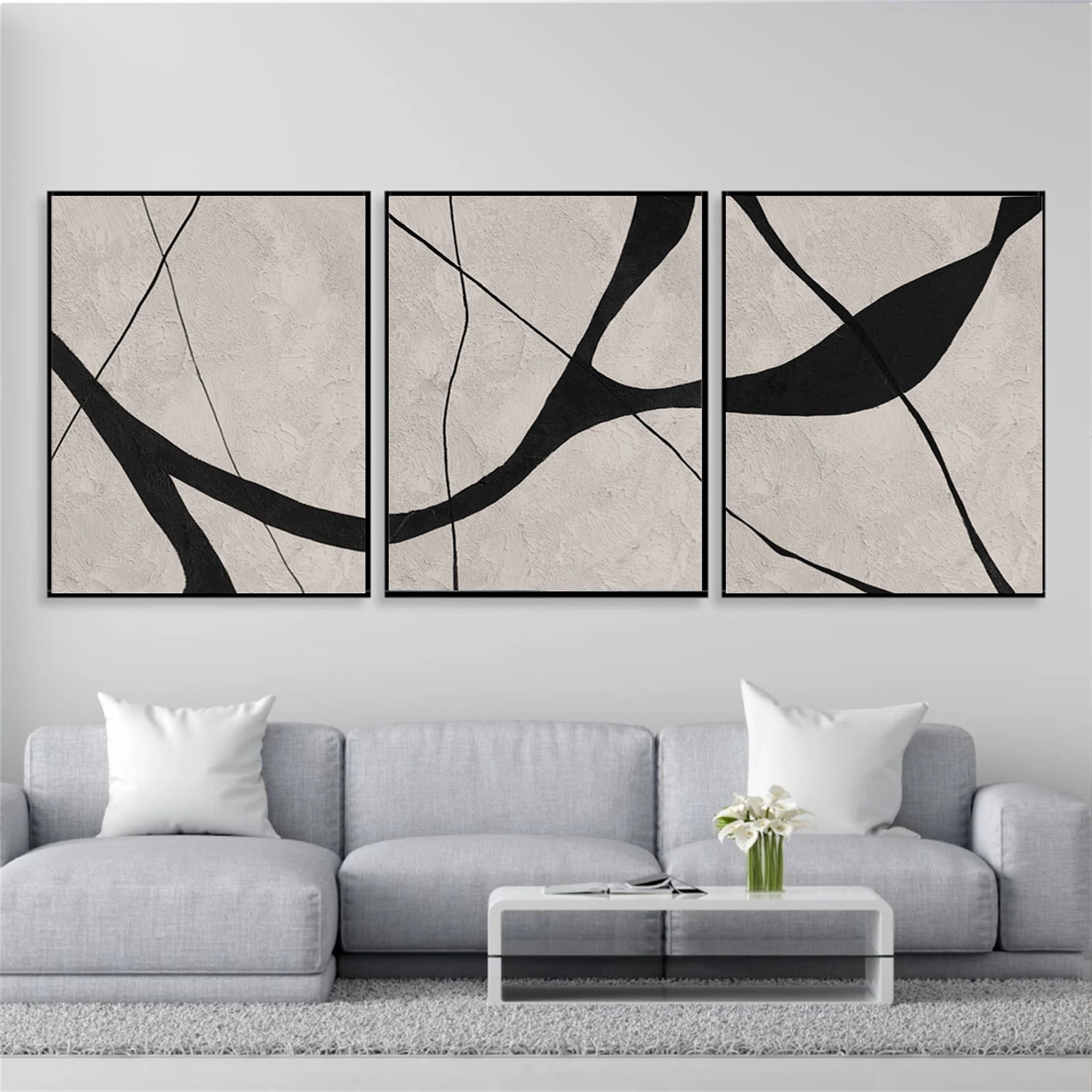 Beige & Black Abstract Textured Painting Set of 3 #WS465