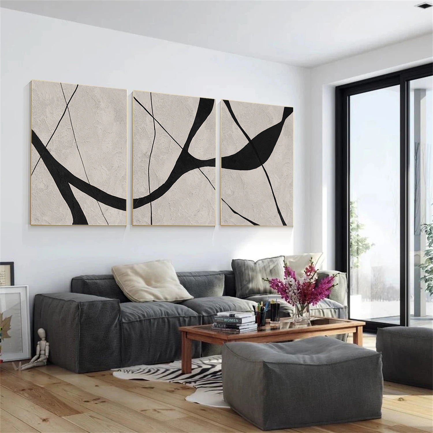 Beige & Black Abstract Textured Painting Set of 3 #WS465