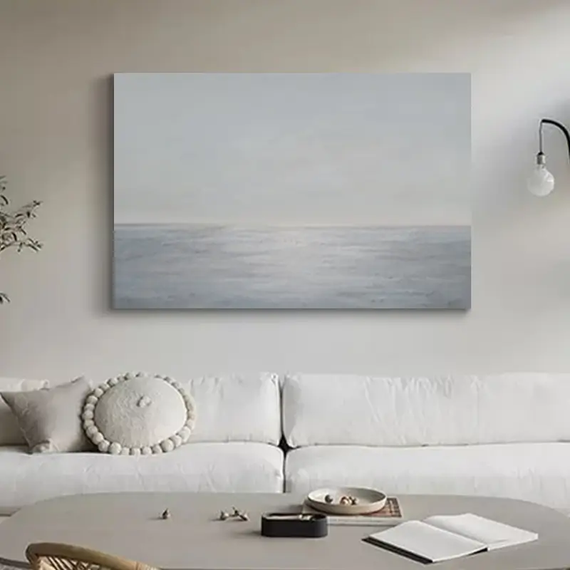 Light Blue Ocean Abstract Oil Painting, Handcrafted Sky and Sea Minimalist Framed Canvas