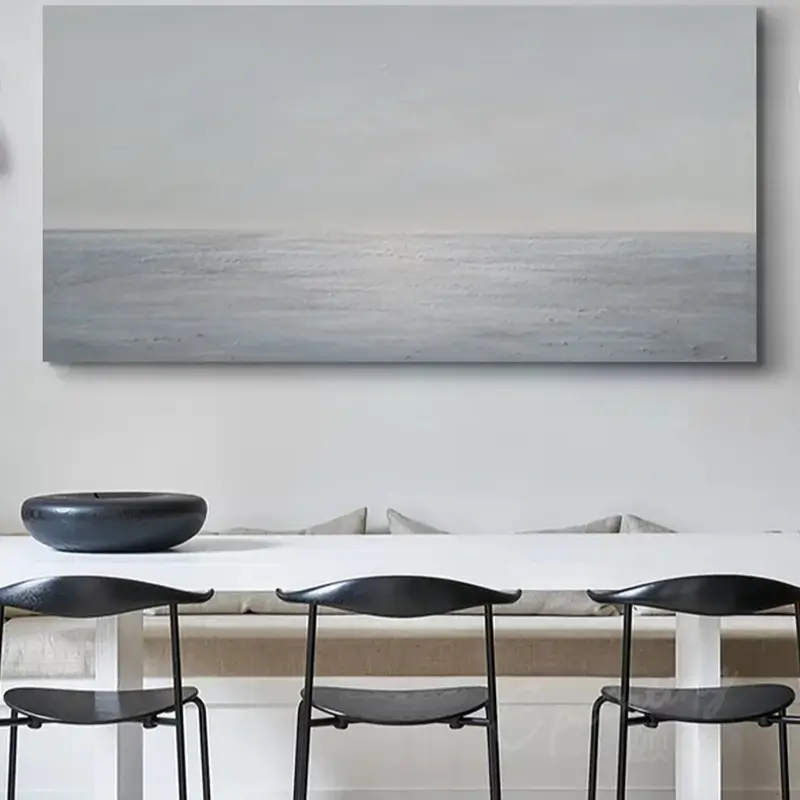 Light Blue Ocean Abstract Oil Painting, Handcrafted Sky and Sea Minimalist Framed Canvas