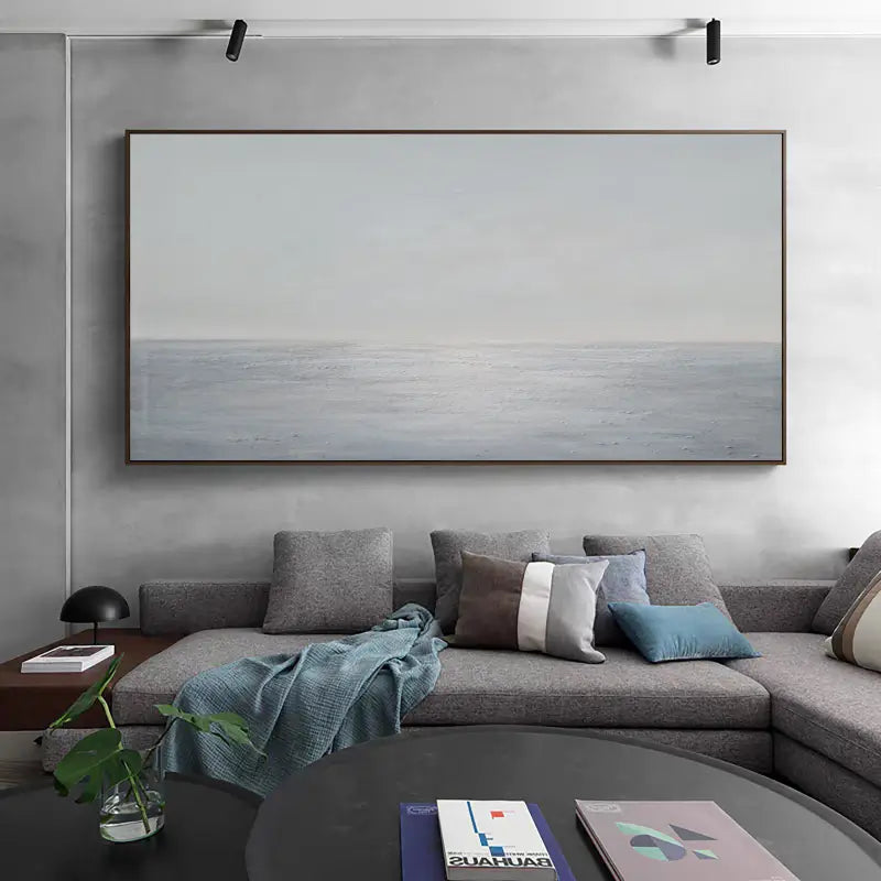 Light Blue Ocean Abstract Oil Painting, Handcrafted Sky and Sea Minimalist Framed Canvas