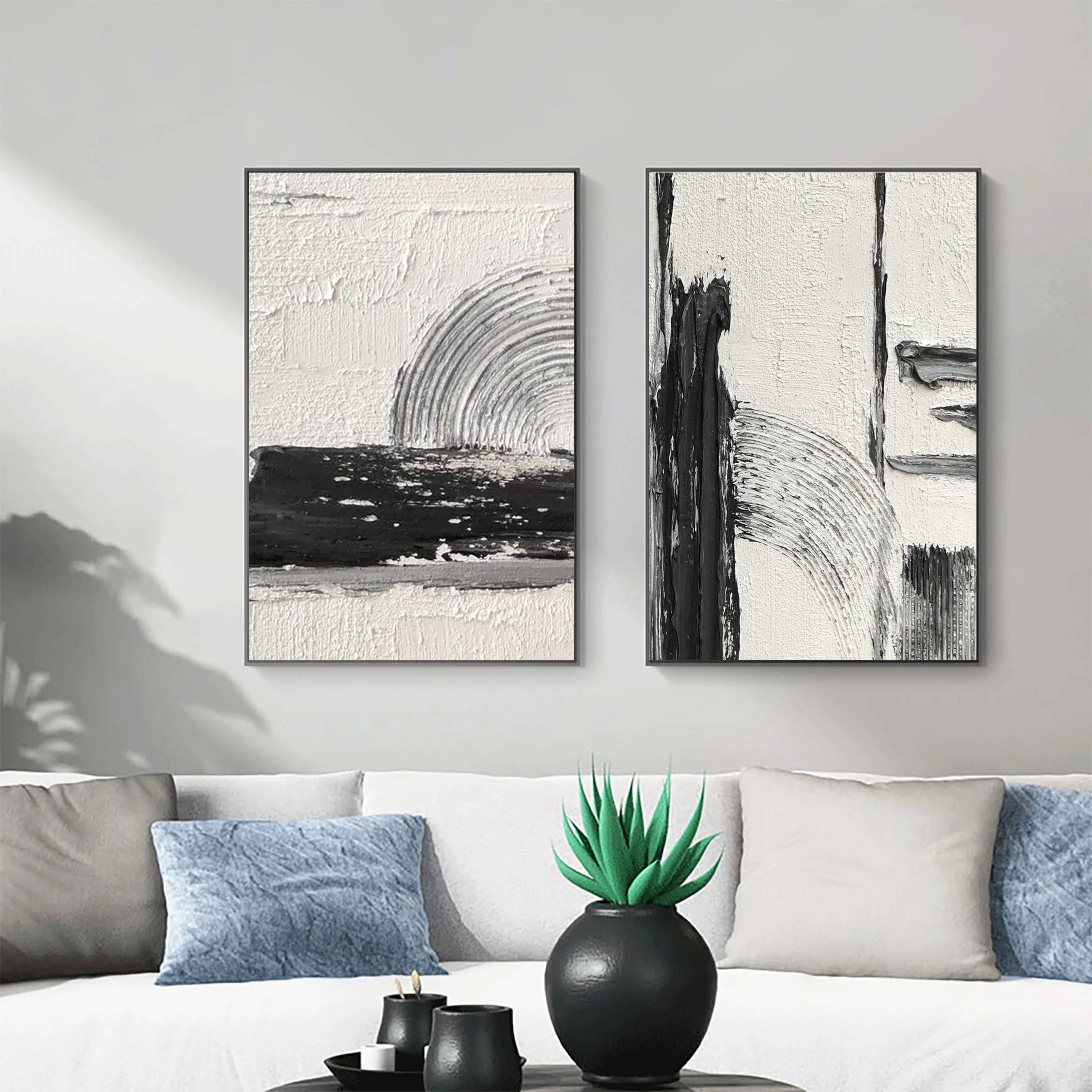 Set of 2 Plaster Black and Beige Minimalistic Painting for Room Decor